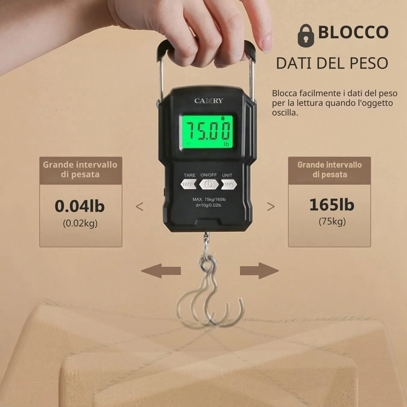 CAMRY Bilancia Digitale per Bagagli con Gancio e Metro a Nastro, 75kg, Nero - immagine 5