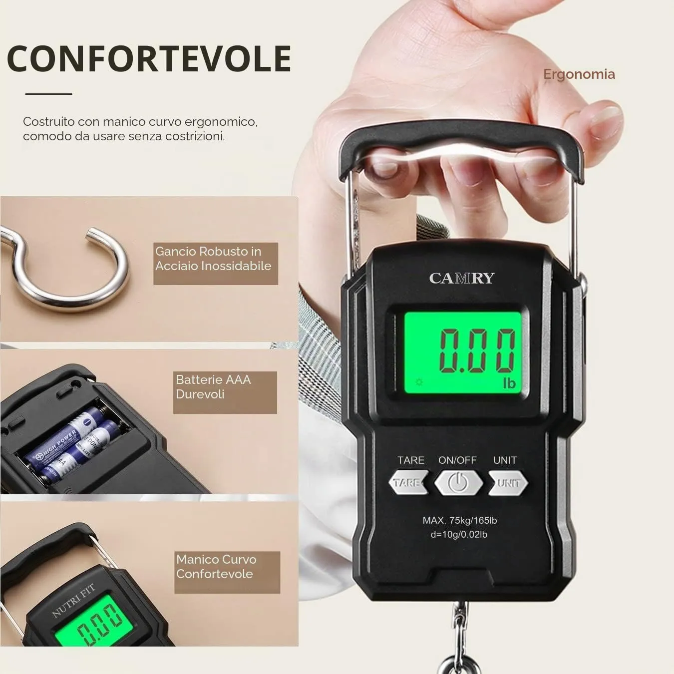 CAMRY Bilancia Digitale per Bagagli con Gancio e Metro a Nastro, 75kg, Nero - immagine 6