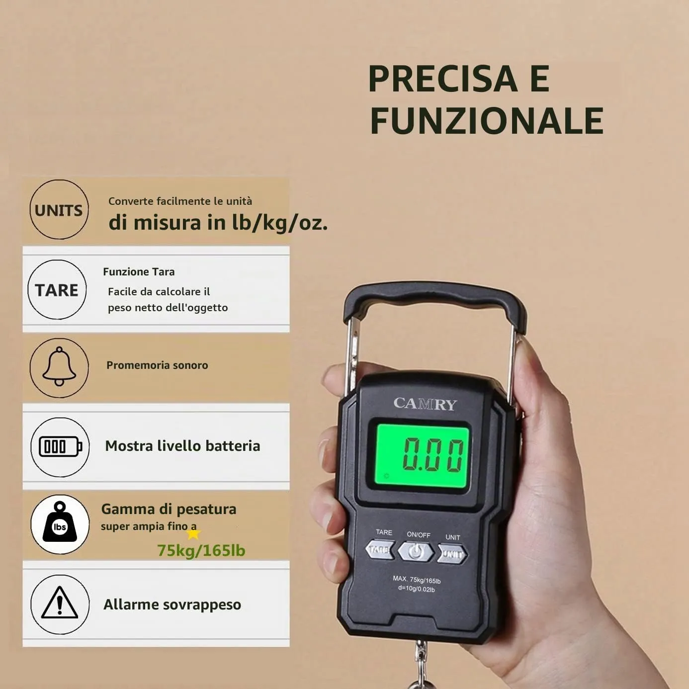 CAMRY Bilancia Digitale per Bagagli con Gancio e Metro a Nastro, 75kg, Nero - immagine 7