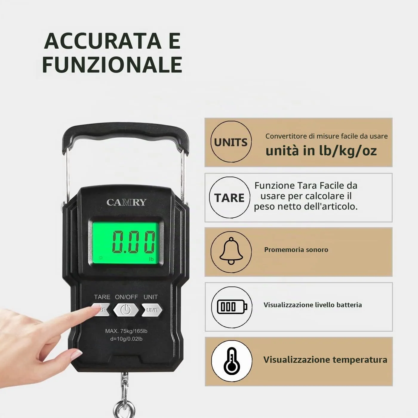 CAMRY Bilancia Digitale per Bagagli con Gancio e Metro a Nastro, 75kg, Nero - immagine 8