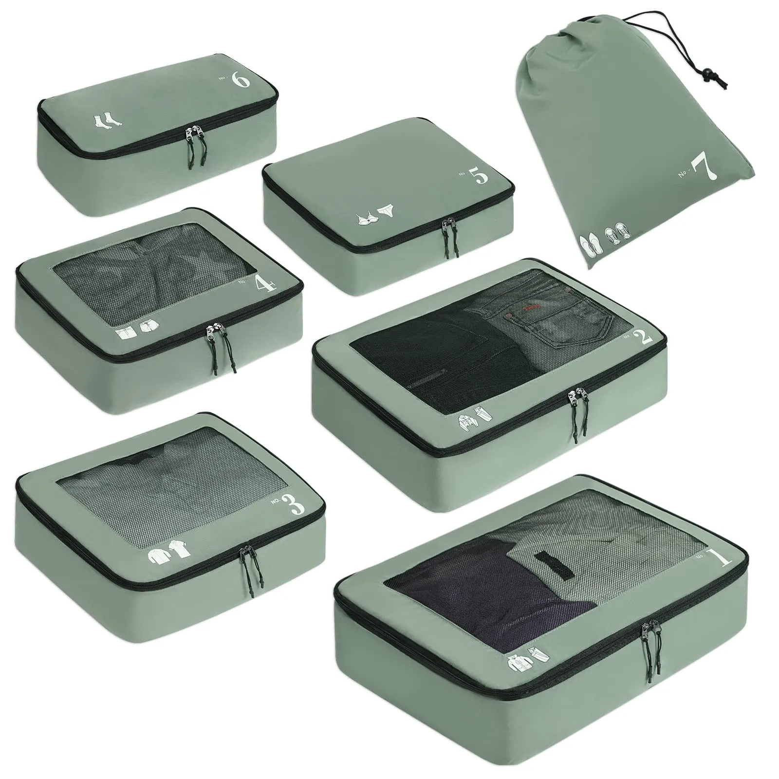 ECOHUB Set Organizer Valigie 7 Pezzi Packing Cubes in PET Ecologico, Verde - immagine 1