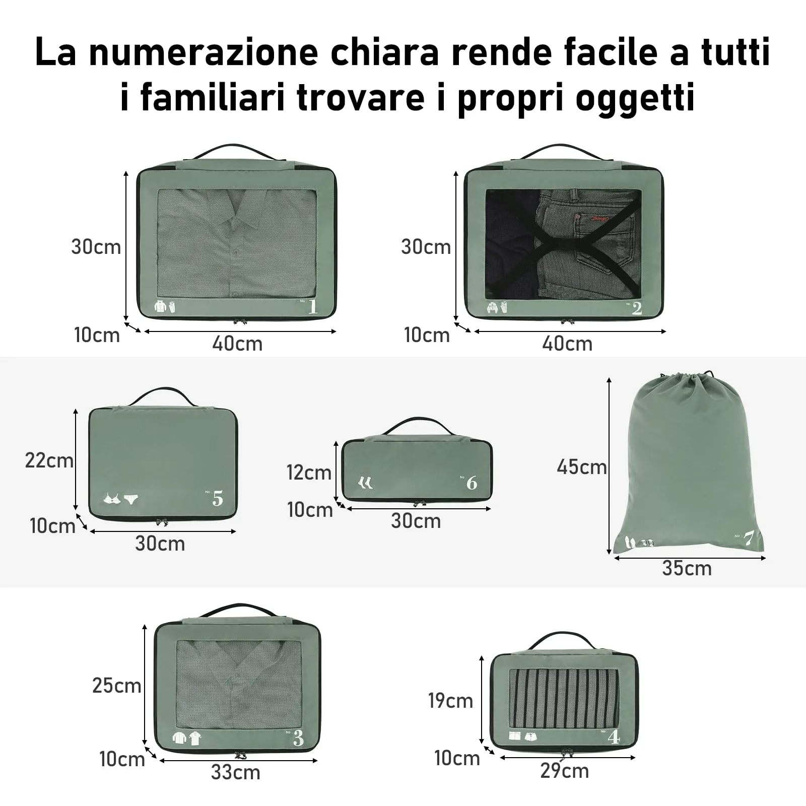 ECOHUB Set Organizer Valigie 7 Pezzi Packing Cubes in PET Ecologico, Verde - immagine 2