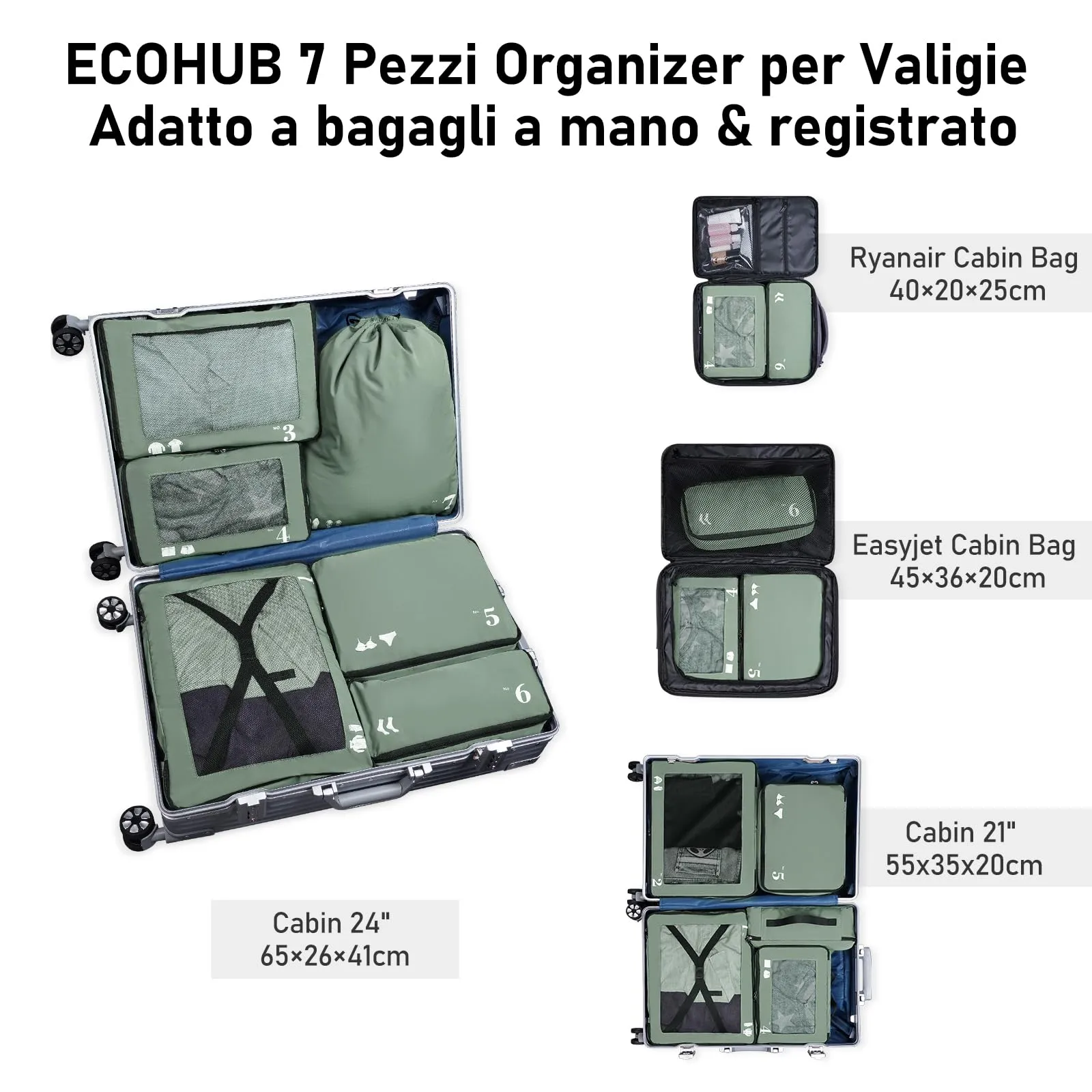 ECOHUB Set Organizer Valigie 7 Pezzi Packing Cubes in PET Ecologico, Verde - immagine 6