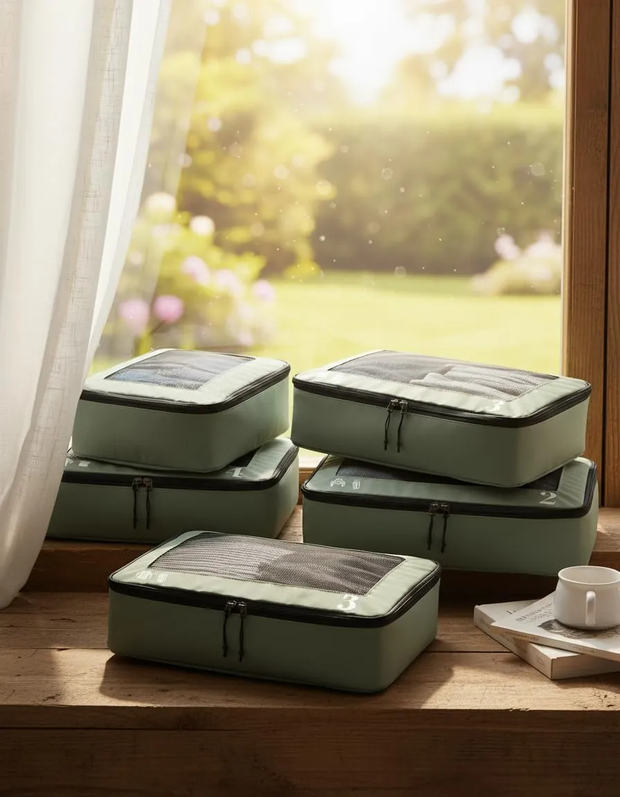 ECOHUB Set Organizer Valigie 7 Pezzi Packing Cubes in PET Ecologico, Verde - immagine 8