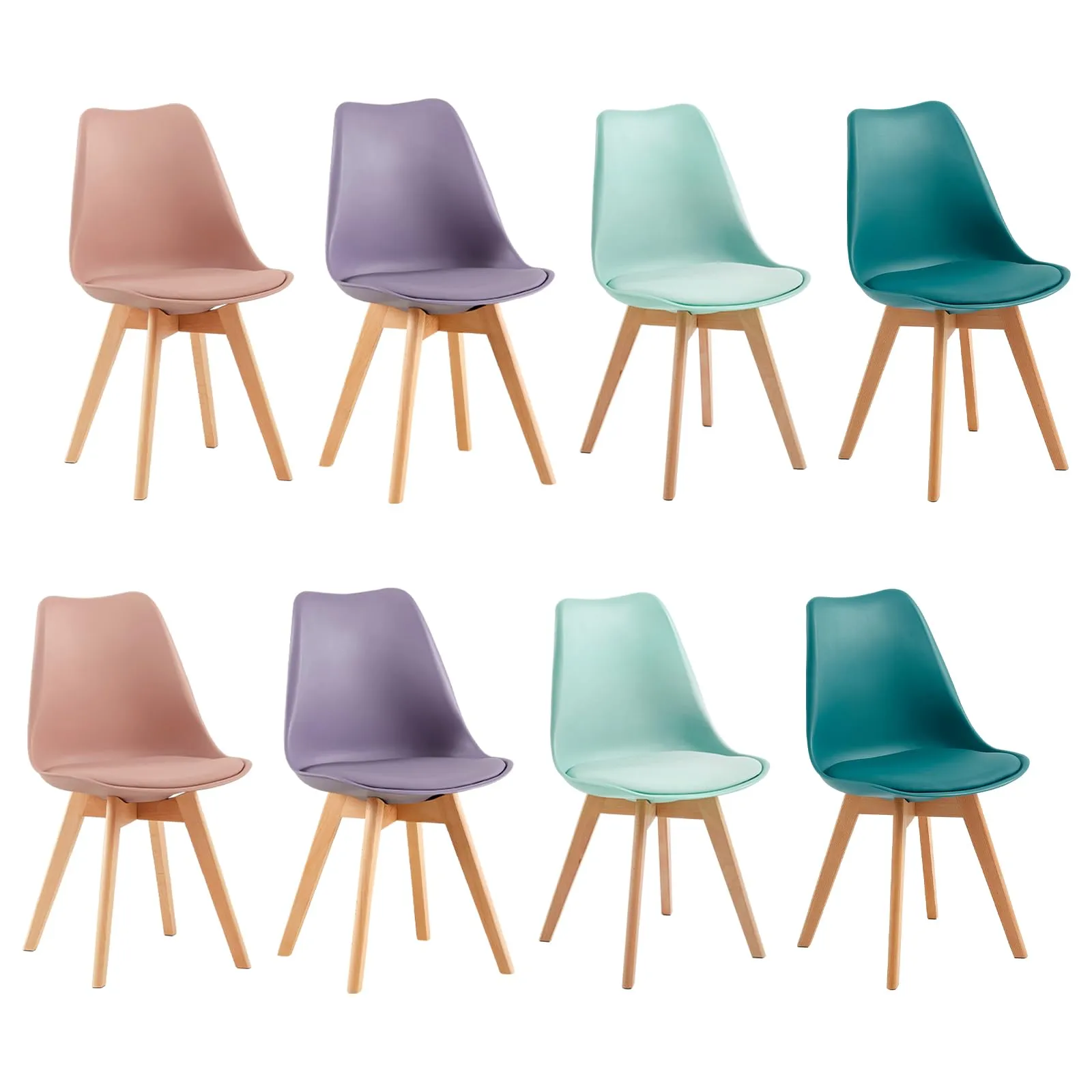 EGGREE Set di 8 Sedie da Sala da Pranzo in Faggio Massiccio, Plastica e Cuscino in PU, Stile Moderno Scandinavo (2 Rosa Fumé, 2 Turchese, 2 Verde Menta, 2 Grigio Viola) - immagine 1
