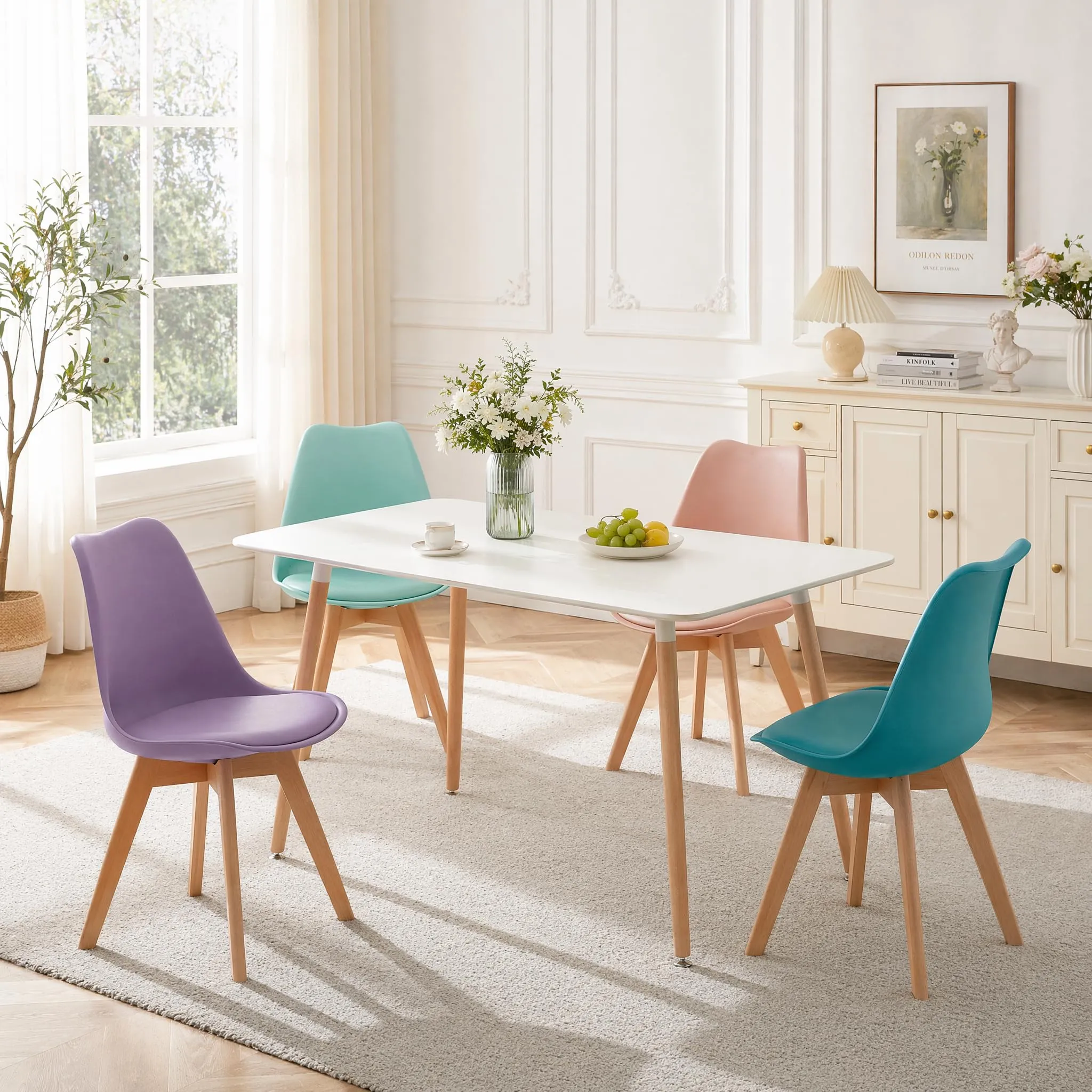 EGGREE Set di 8 Sedie da Sala da Pranzo in Faggio Massiccio, Plastica e Cuscino in PU, Stile Moderno Scandinavo (2 Rosa Fumé, 2 Turchese, 2 Verde Menta, 2 Grigio Viola) - immagine 3