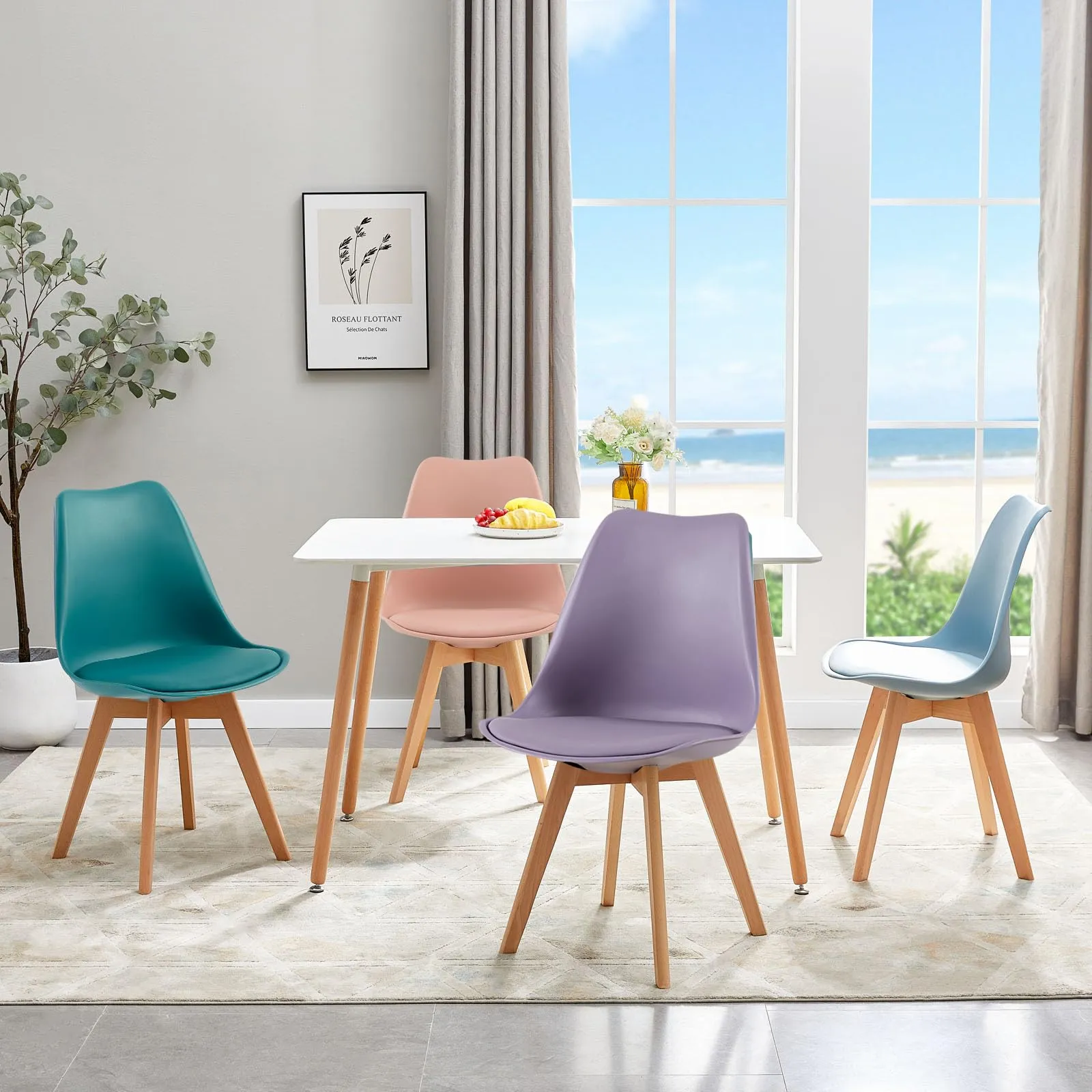 EGGREE Set di 8 Sedie da Sala da Pranzo in Faggio Massiccio, Plastica e Cuscino in PU, Stile Moderno Scandinavo (2 Rosa Fumé, 2 Turchese, 2 Verde Menta, 2 Grigio Viola) - immagine 5