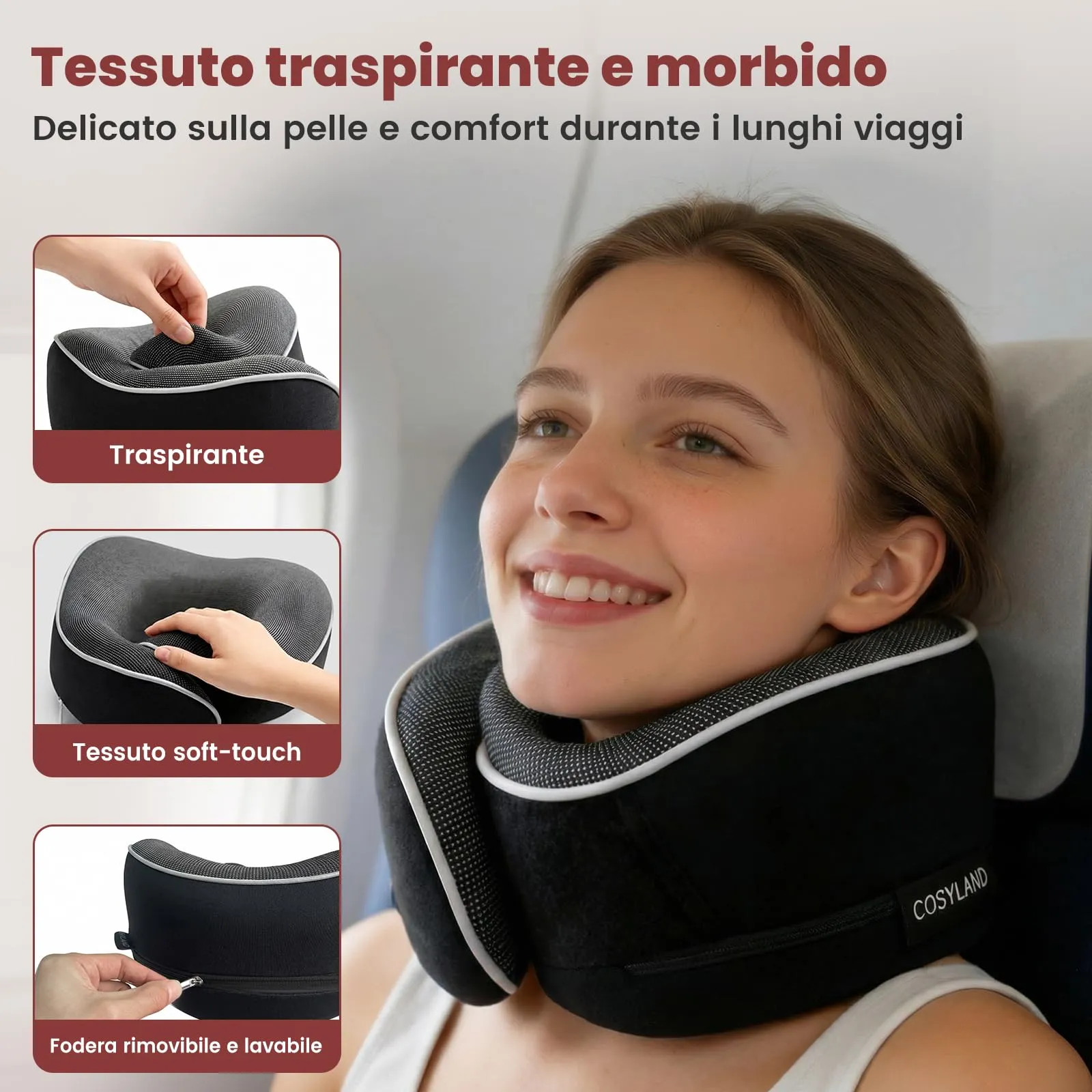 Cosyland Cuscino da Viaggio Cervicale in Memory Foam, Nero - immagine 5