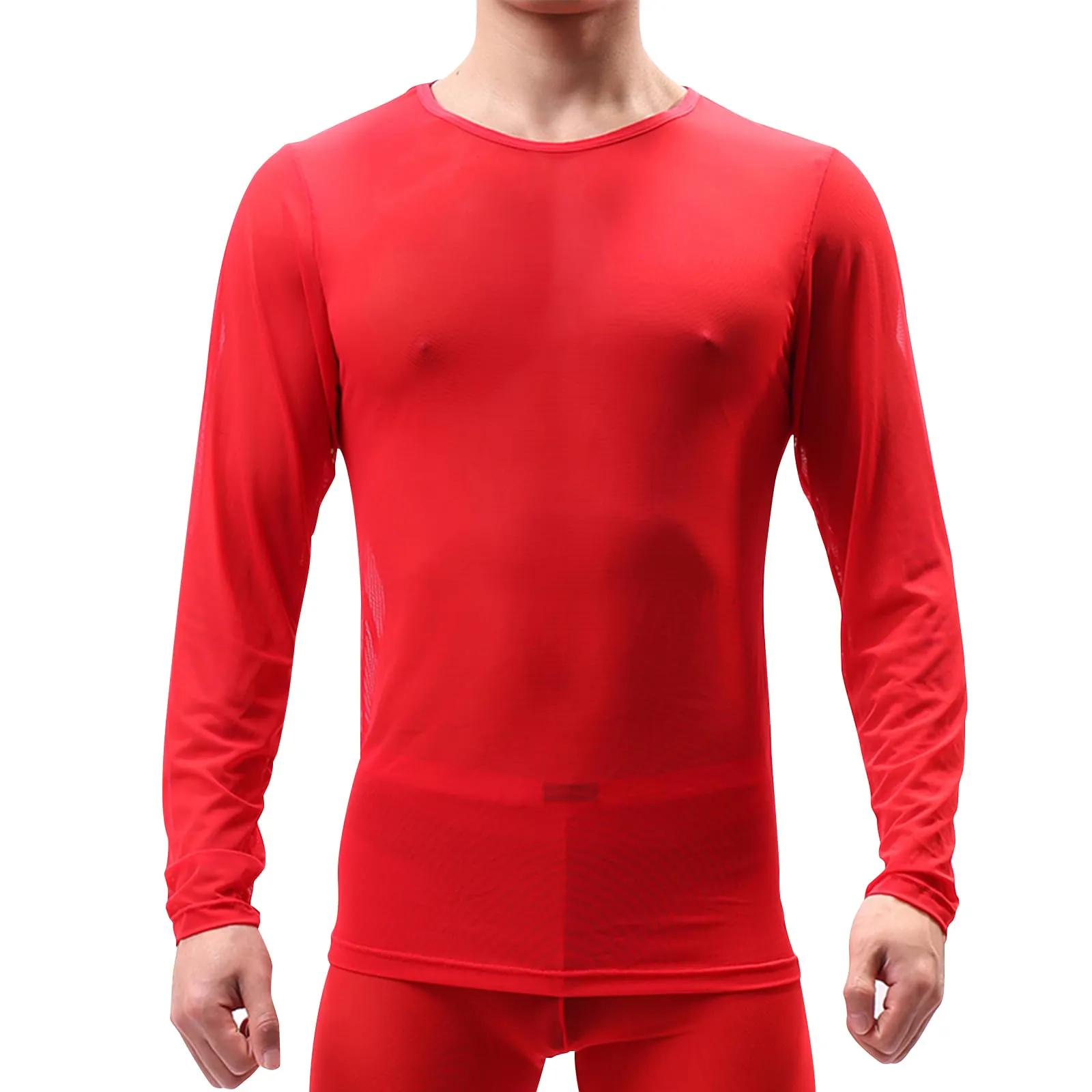 GENEMEN Maglia a Rete Uomo Camicia Trasparente Manica Lunga - Rosso, XXL - immagine 1