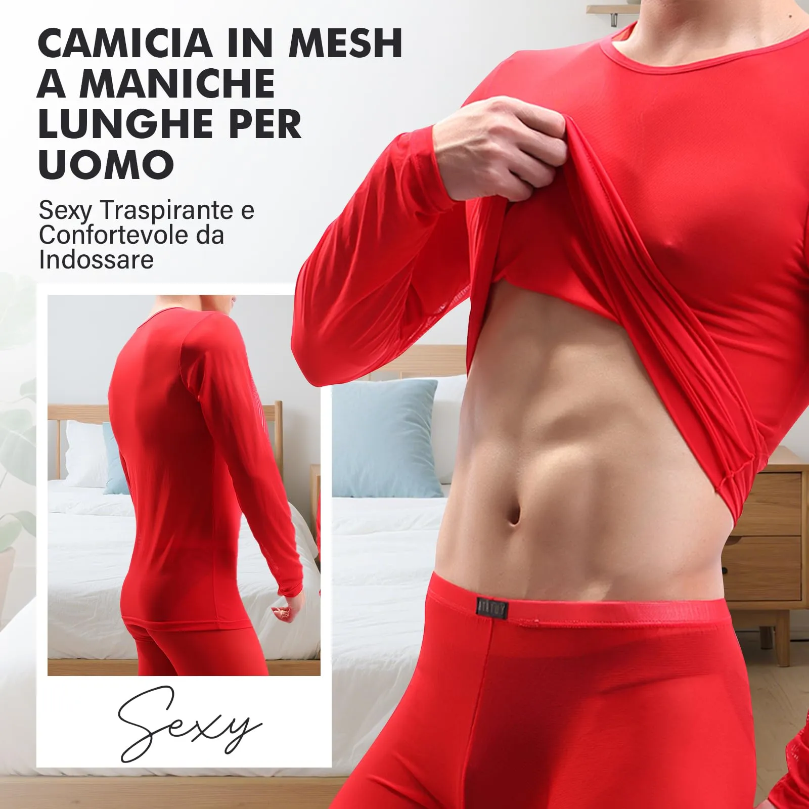 GENEMEN Maglia a Rete Uomo Camicia Trasparente Manica Lunga - Rosso, XXL - immagine 3