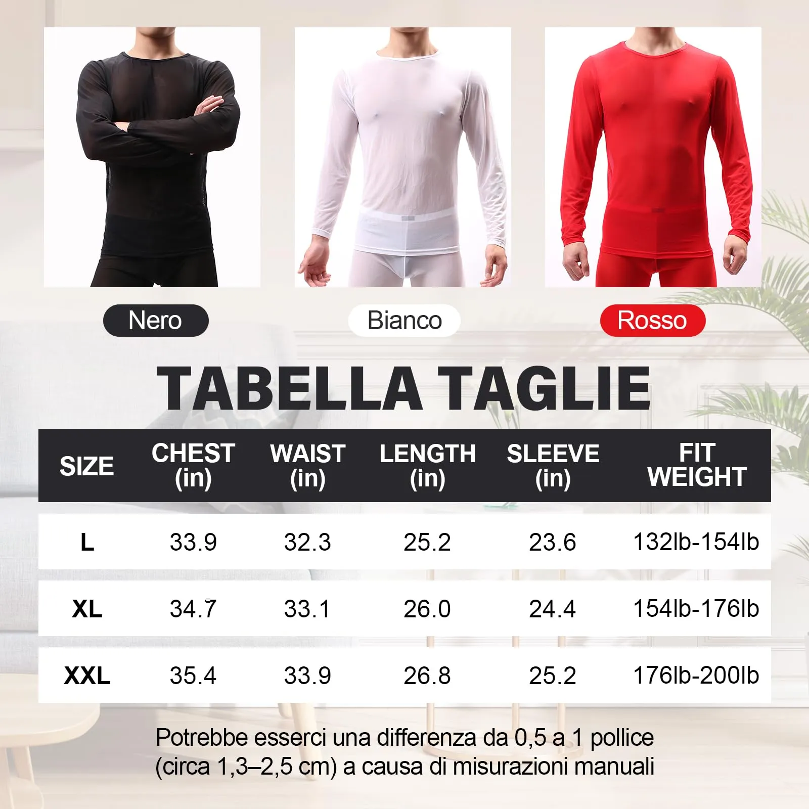 GENEMEN Maglia a Rete Uomo Camicia Trasparente Manica Lunga - Rosso, XXL - immagine 6