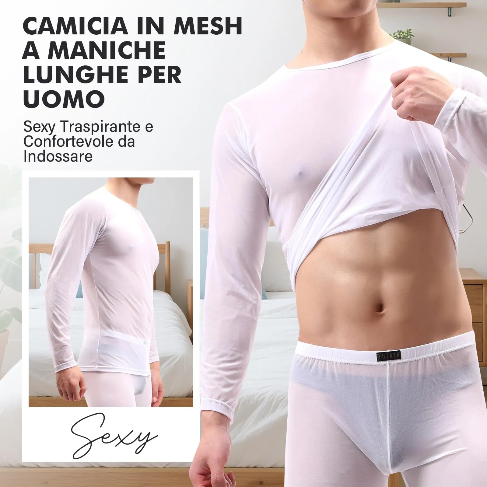 GENEMEN Maglia a Rete Uomo Camicia Trasparente Manica Lunga, Bianco, XL - immagine 3