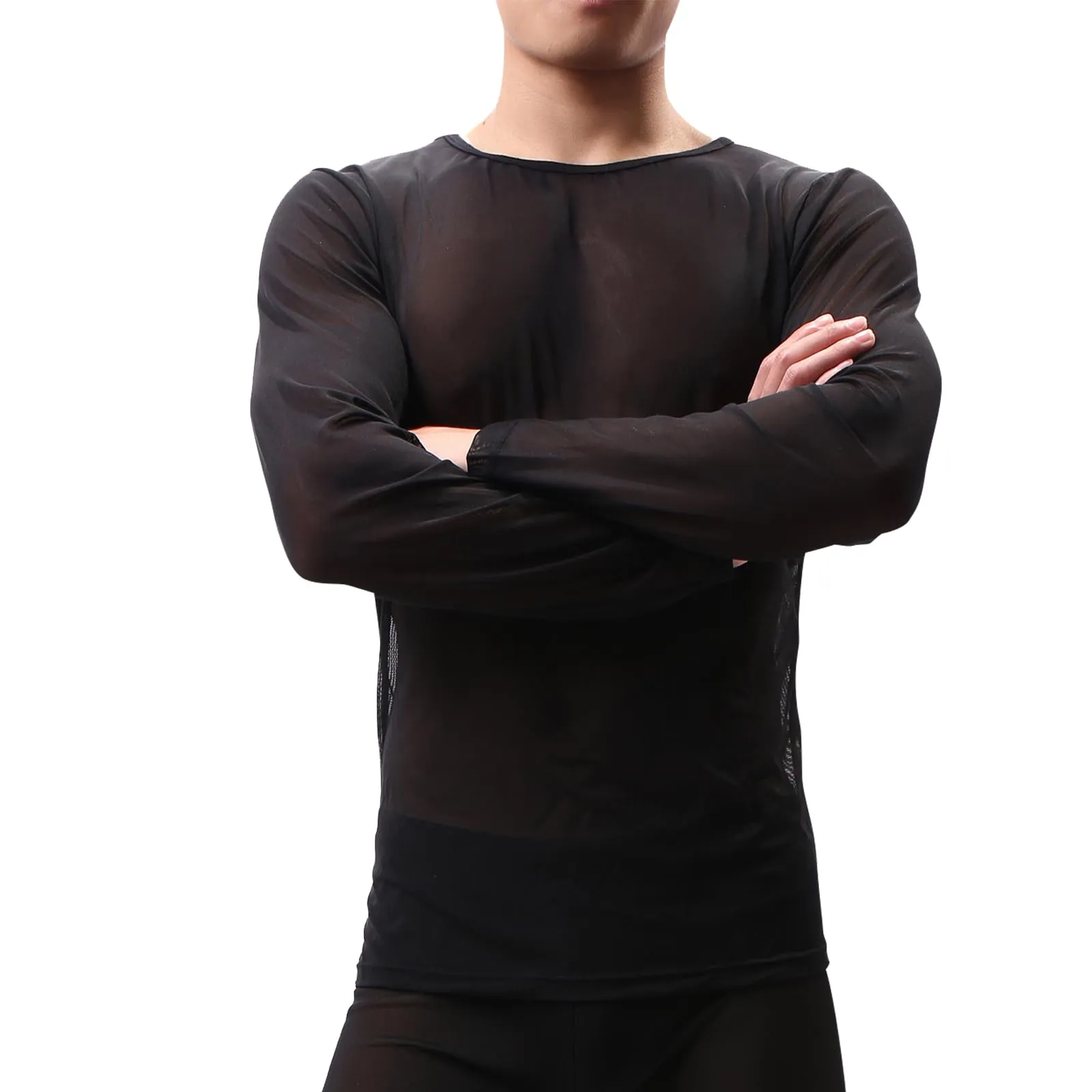 GENEMEN Maglia a Rete Uomo Trasparente Manica Lunga, Nero, XL - immagine 1