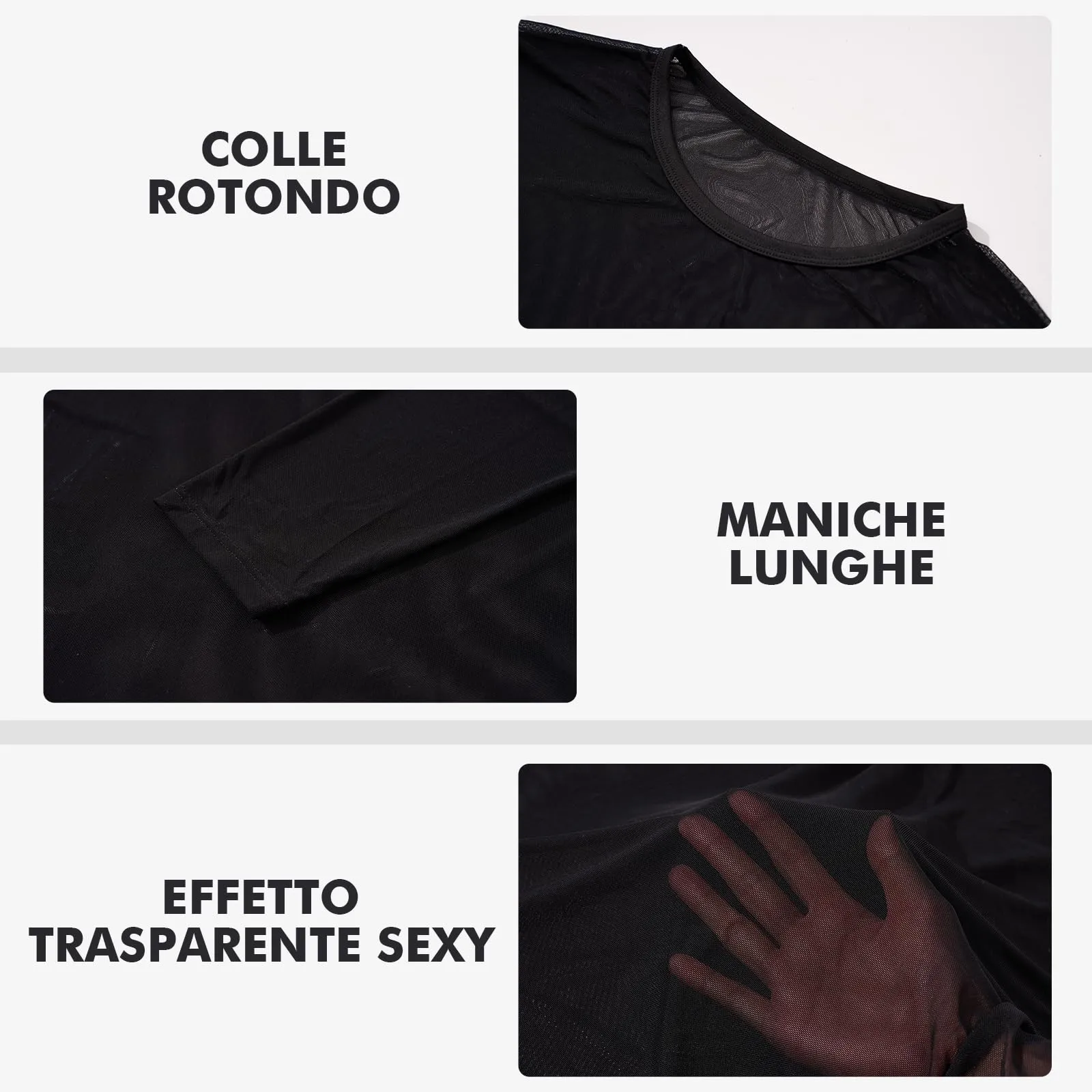 GENEMEN Maglia a Rete Uomo Trasparente Manica Lunga, Nero, XL - immagine 4