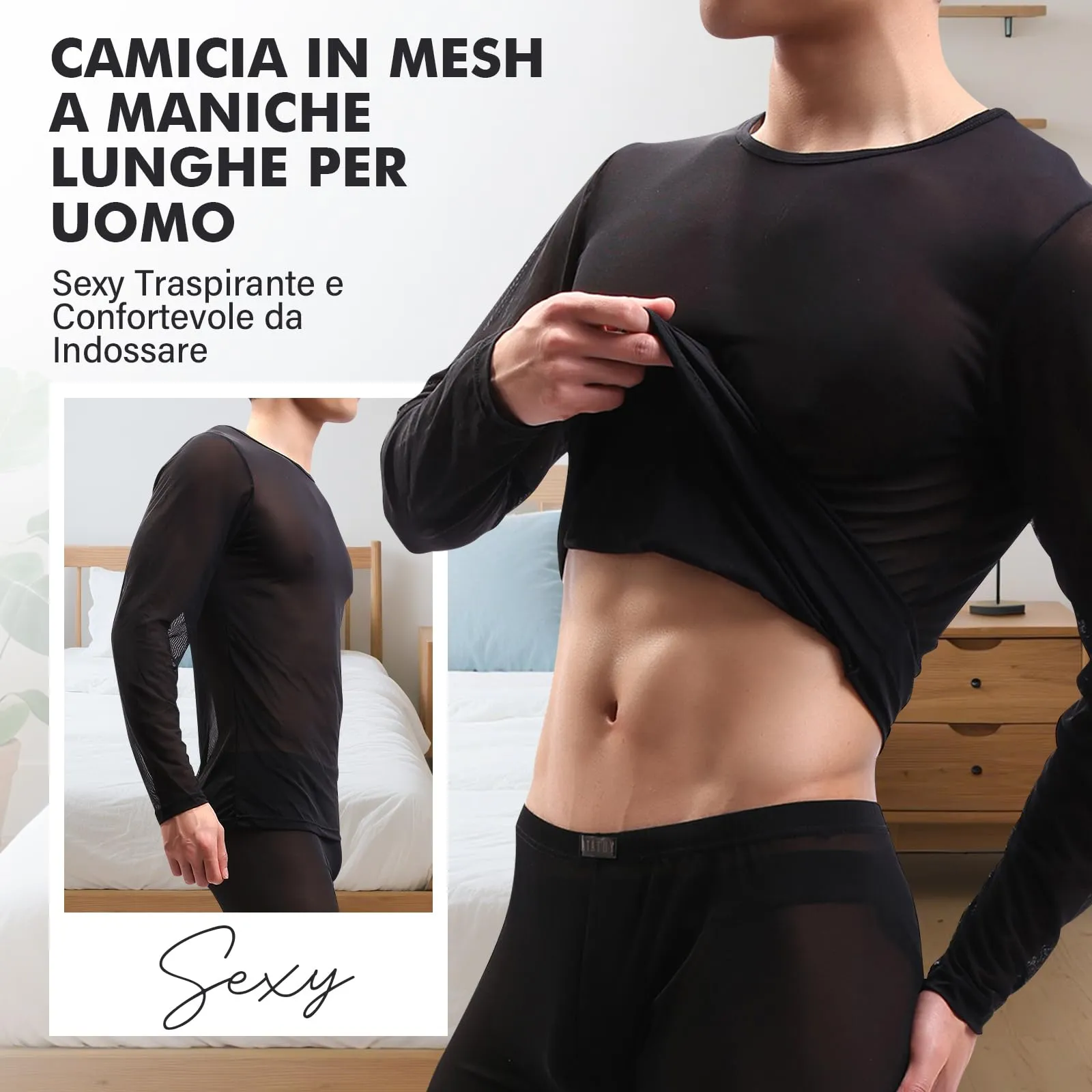 GENEMEN Maglia a Rete Uomo Trasparente Manica Lunga - Nero, XXL - immagine 3