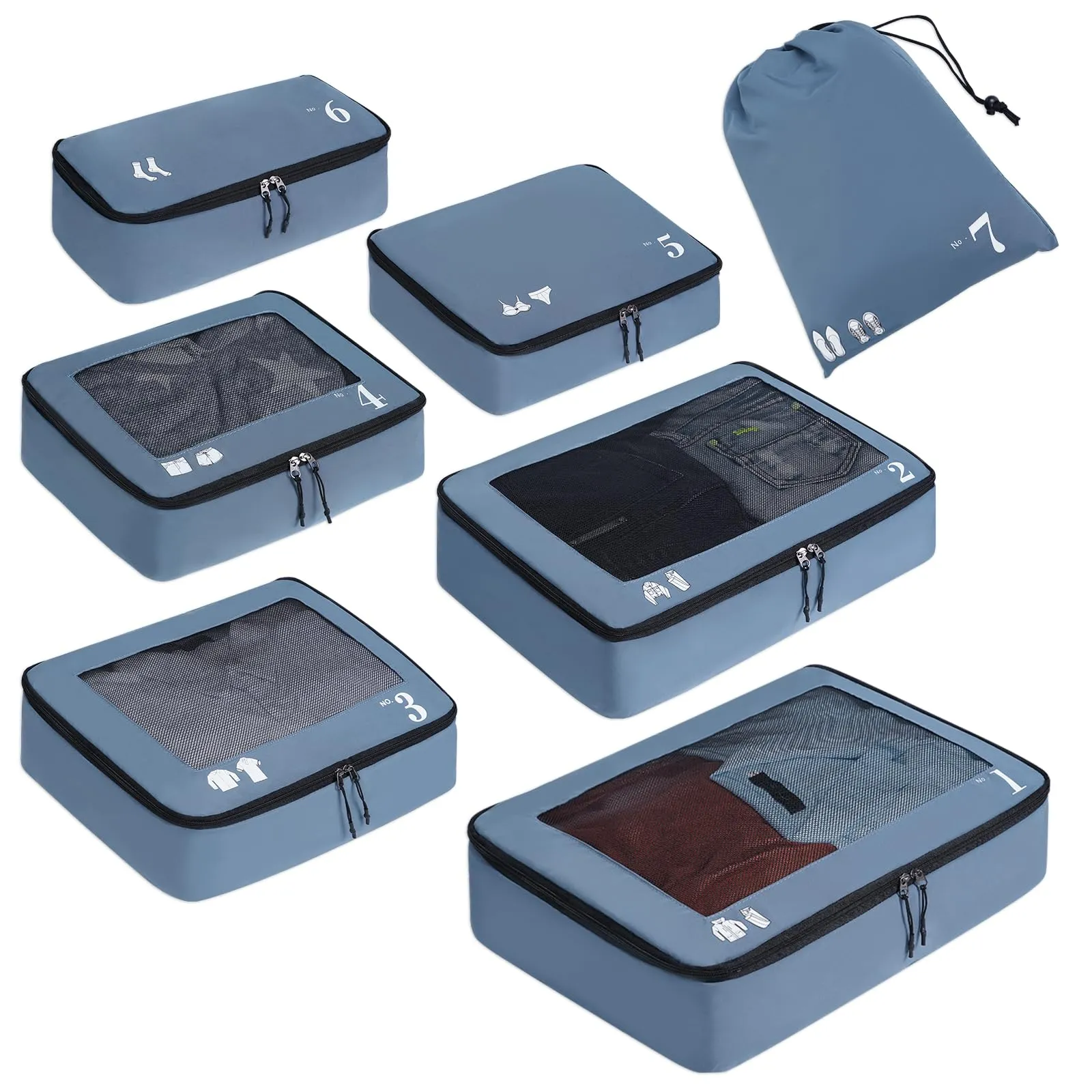 ECOHUB Set Organizer Valigie 7 Pezzi Packing Cubes in PET Ecologico (Blu) - immagine 1
