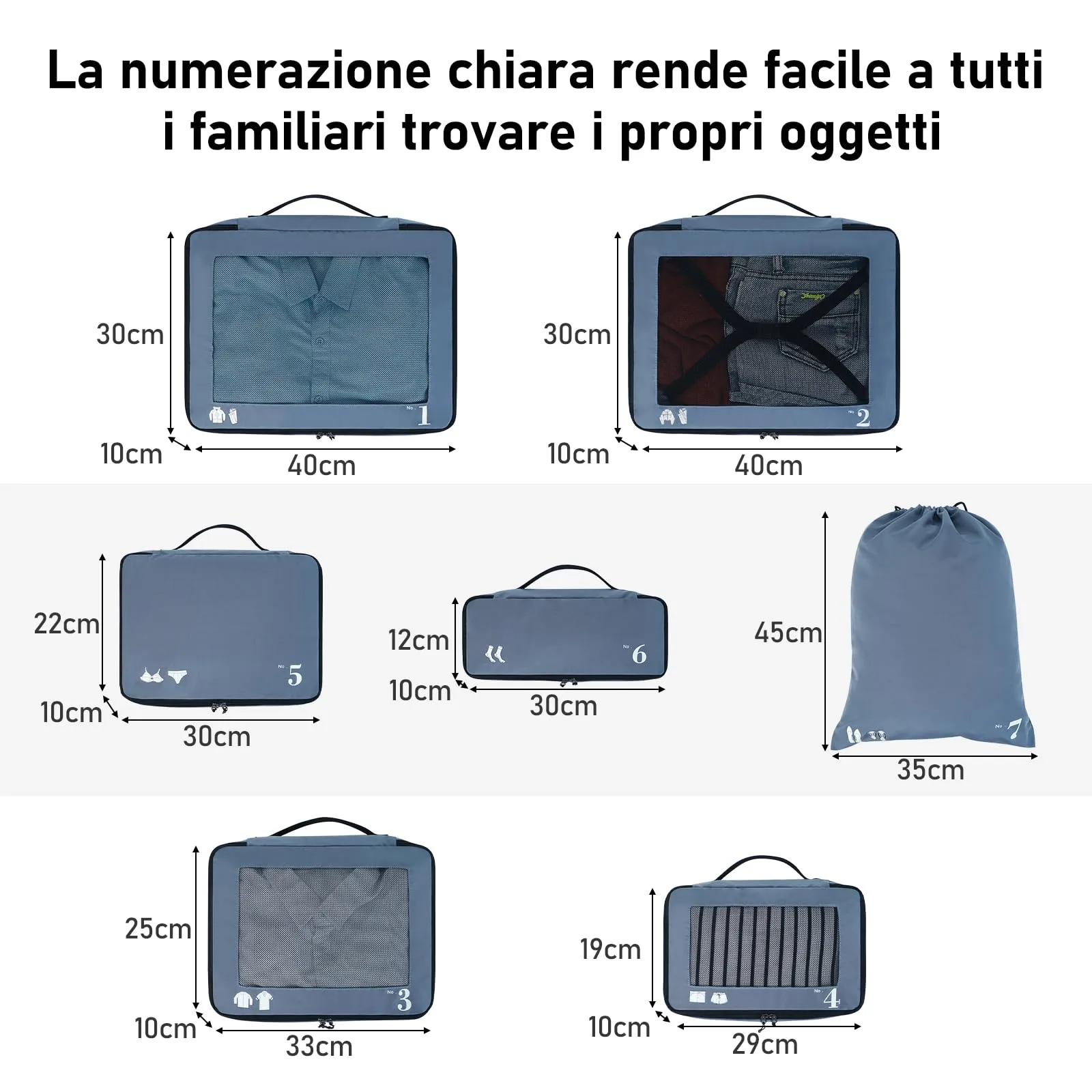ECOHUB Set Organizer Valigie 7 Pezzi Packing Cubes in PET Ecologico (Blu) - immagine 2