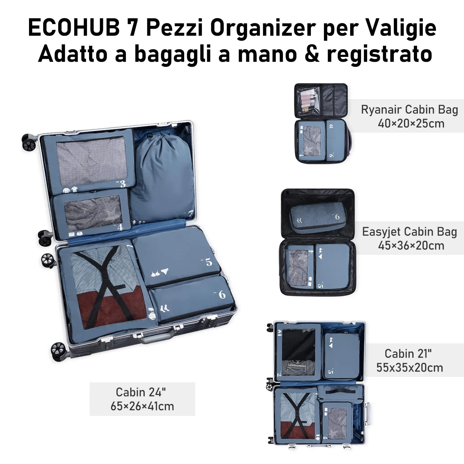ECOHUB Set Organizer Valigie 7 Pezzi Packing Cubes in PET Ecologico (Blu) - immagine 6