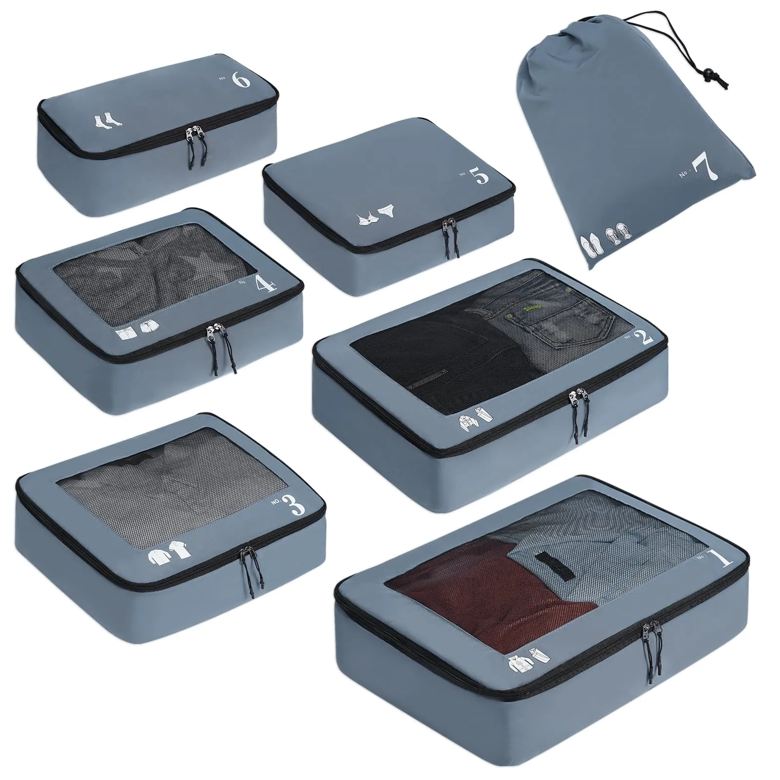 ECOHUB Set Packing Cubes Organizer Valigie 7 Pezzi, PET Ecologico, Grigio - immagine 1