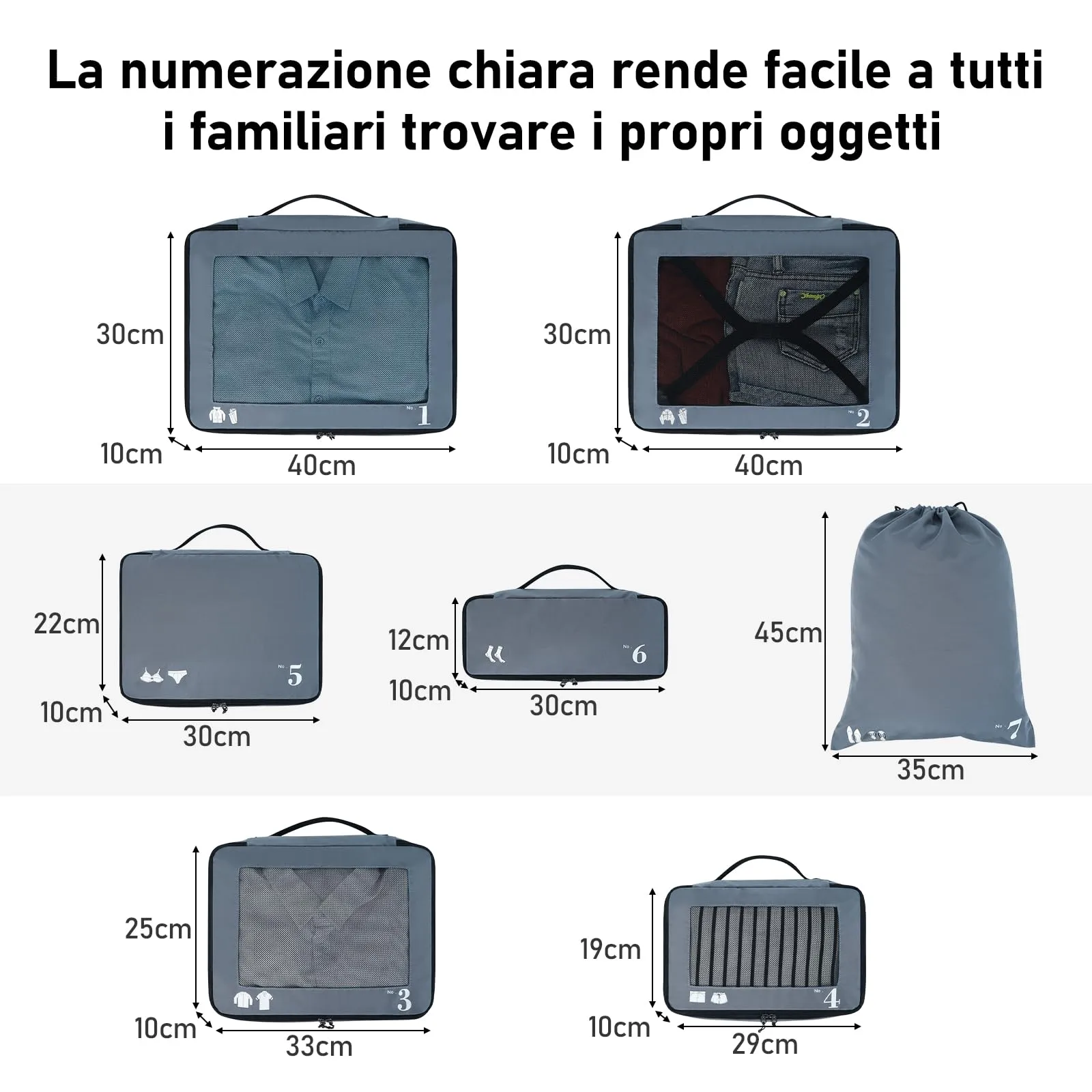 ECOHUB Set Packing Cubes Organizer Valigie 7 Pezzi, PET Ecologico, Grigio - immagine 2