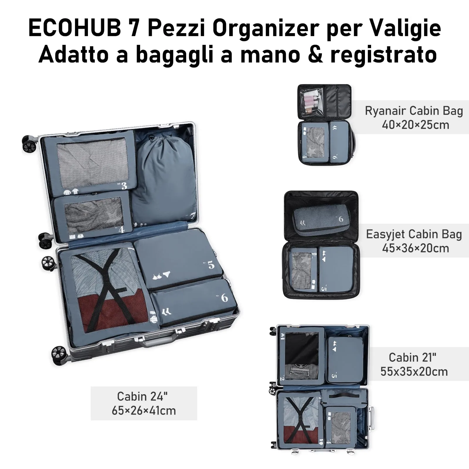 ECOHUB Set Packing Cubes Organizer Valigie 7 Pezzi, PET Ecologico, Grigio - immagine 6
