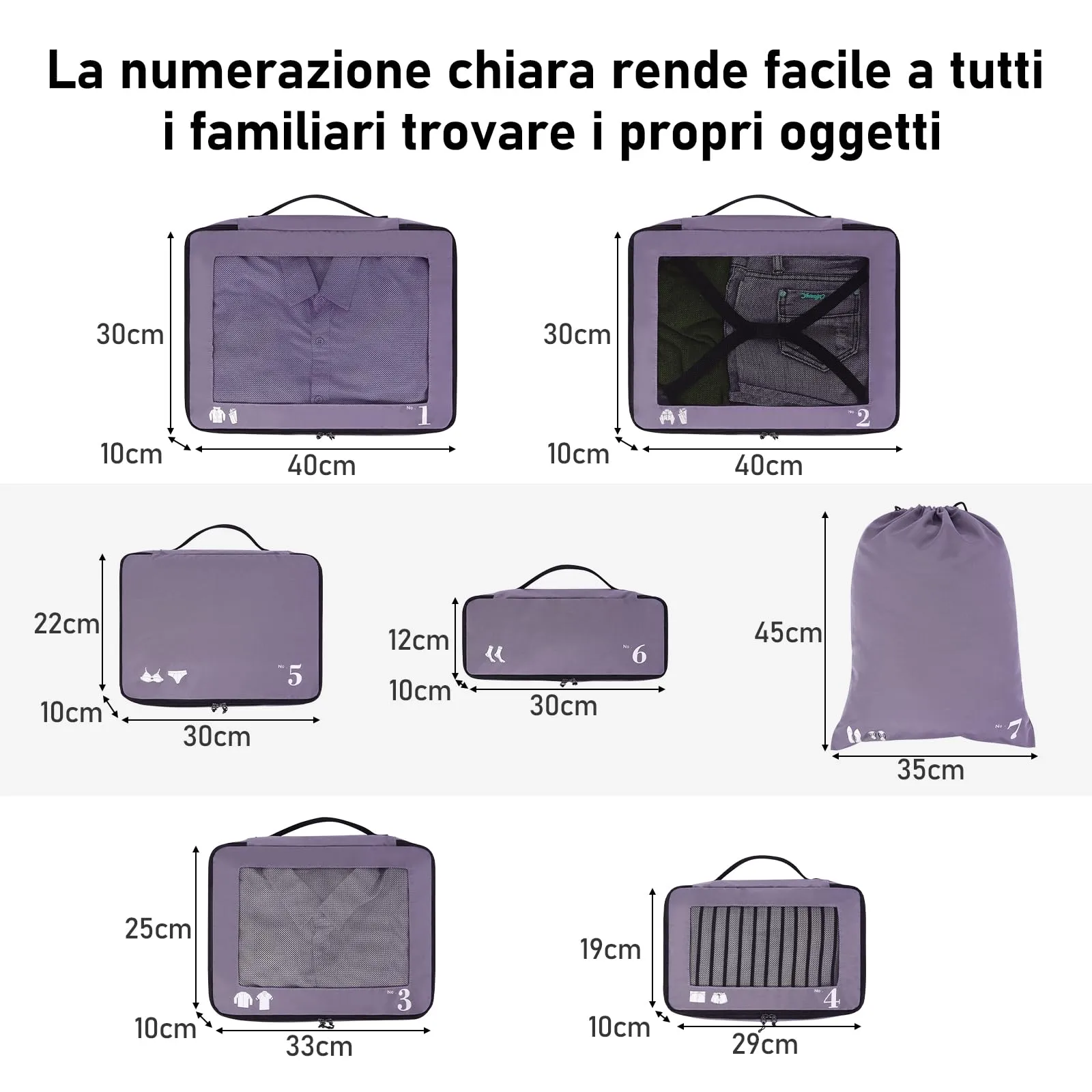 ECOHUB Set Packing Cubes Organizer Valigie 7 Pezzi in PET Ecologico (Viola) - immagine 2
