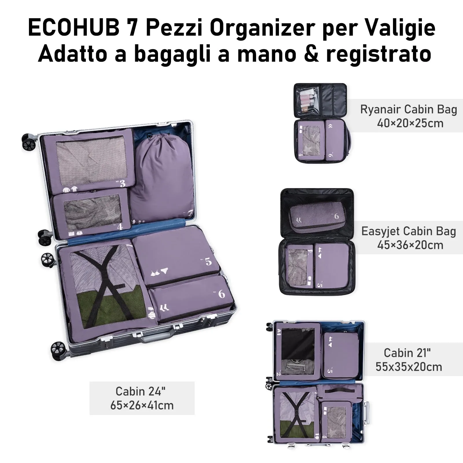 ECOHUB Set Packing Cubes Organizer Valigie 7 Pezzi in PET Ecologico (Viola) - immagine 6