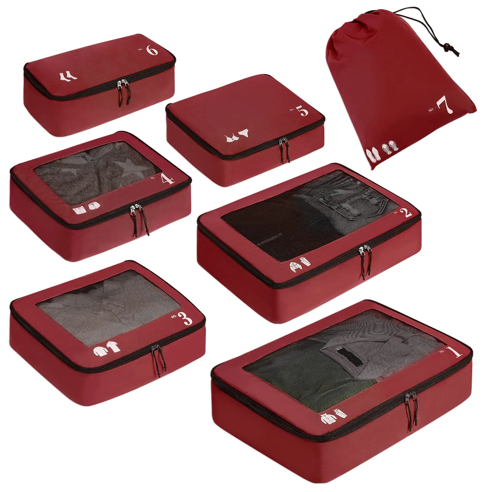 ECOHUB Set Packing Cubes Organizer Valigie 7 Pezzi in PET Ecologico, Rosso - immagine 1