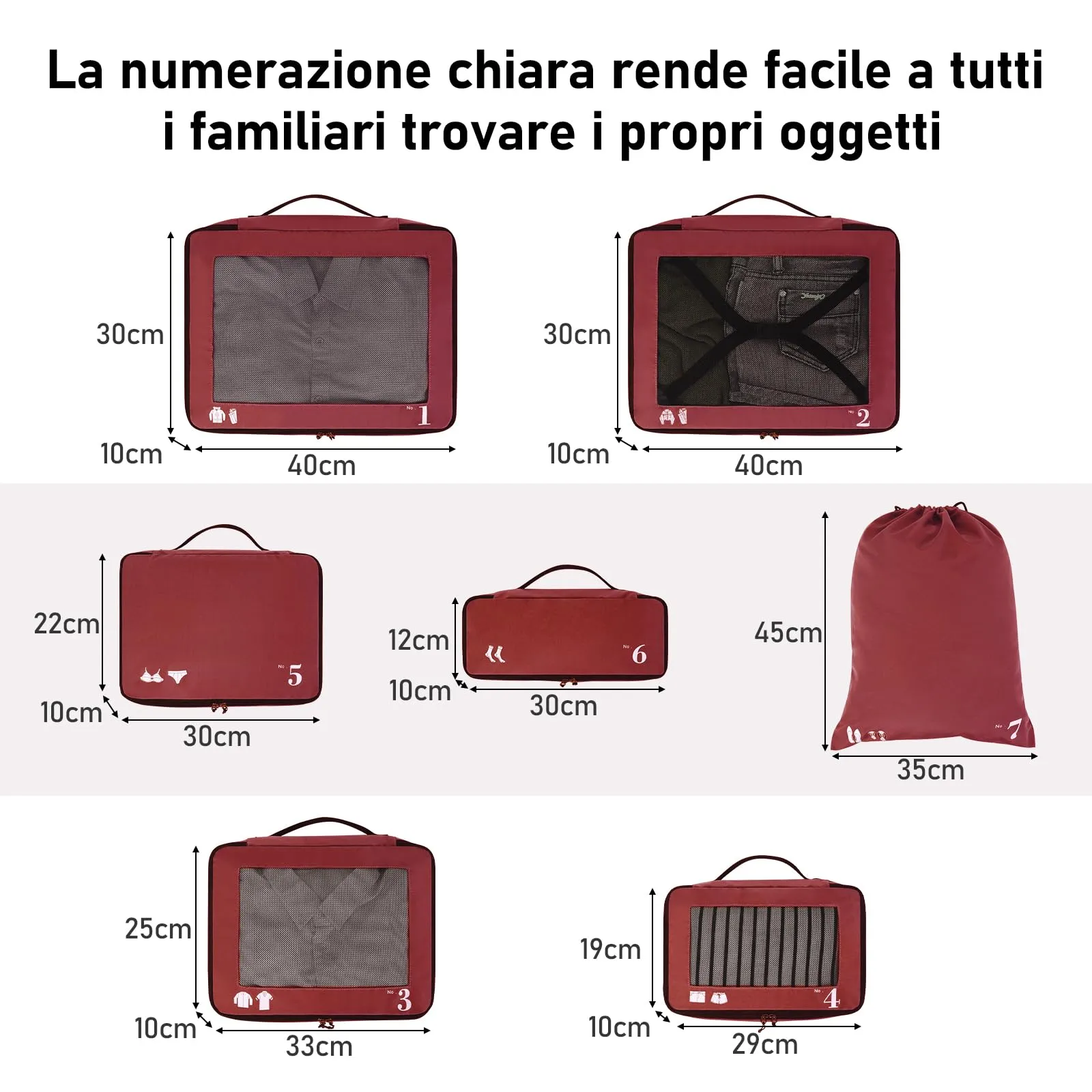 ECOHUB Set Packing Cubes Organizer Valigie 7 Pezzi in PET Ecologico, Rosso - immagine 2