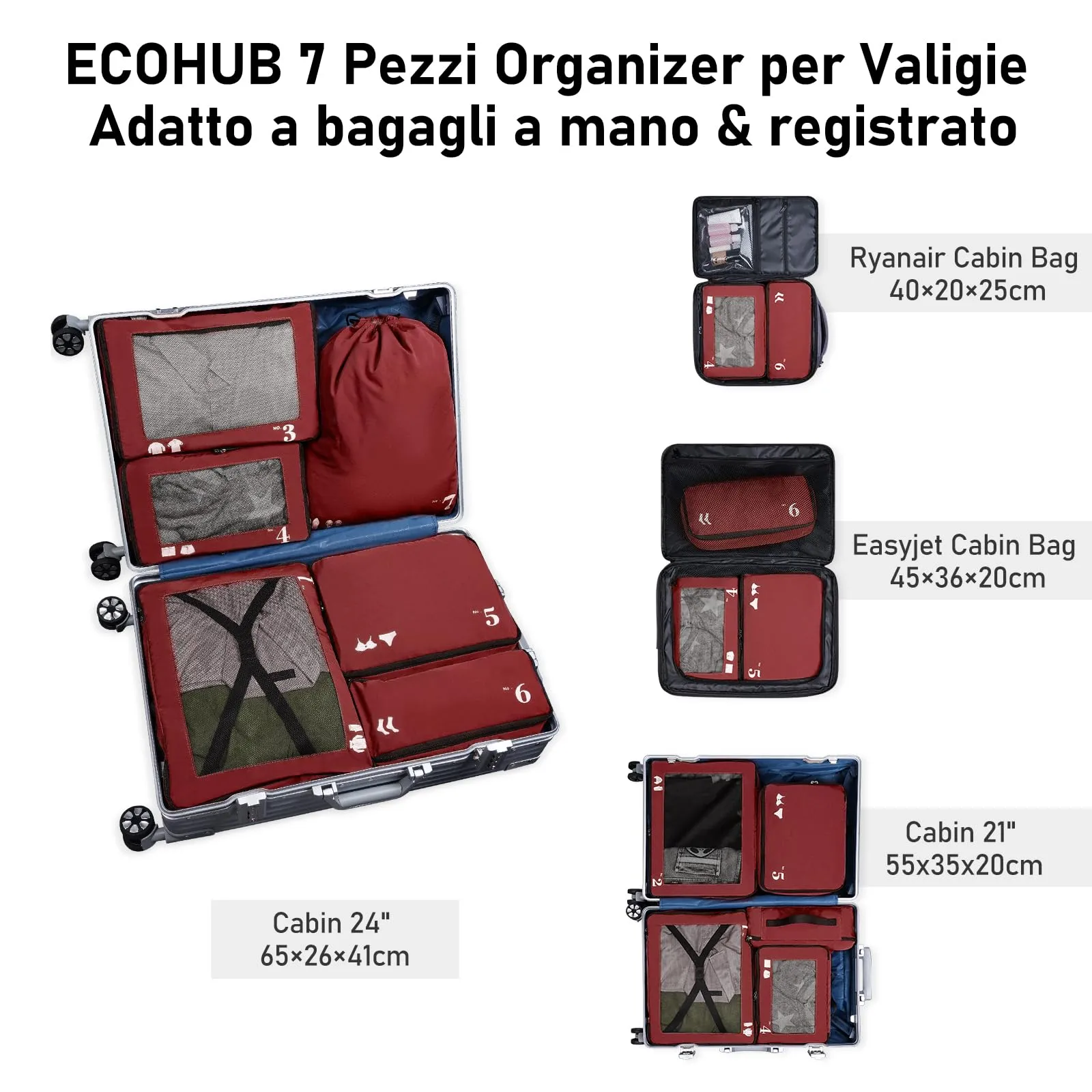 ECOHUB Set Packing Cubes Organizer Valigie 7 Pezzi in PET Ecologico, Rosso - immagine 6