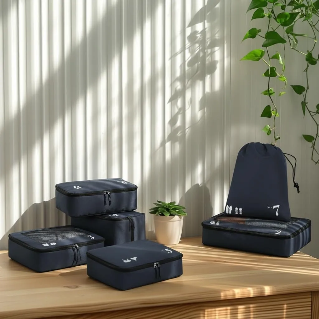 ECOHUB Set Packing Cubes Organizer Valigie 7 Pezzi in PET Ecologico (Blu scuro) - immagine 2