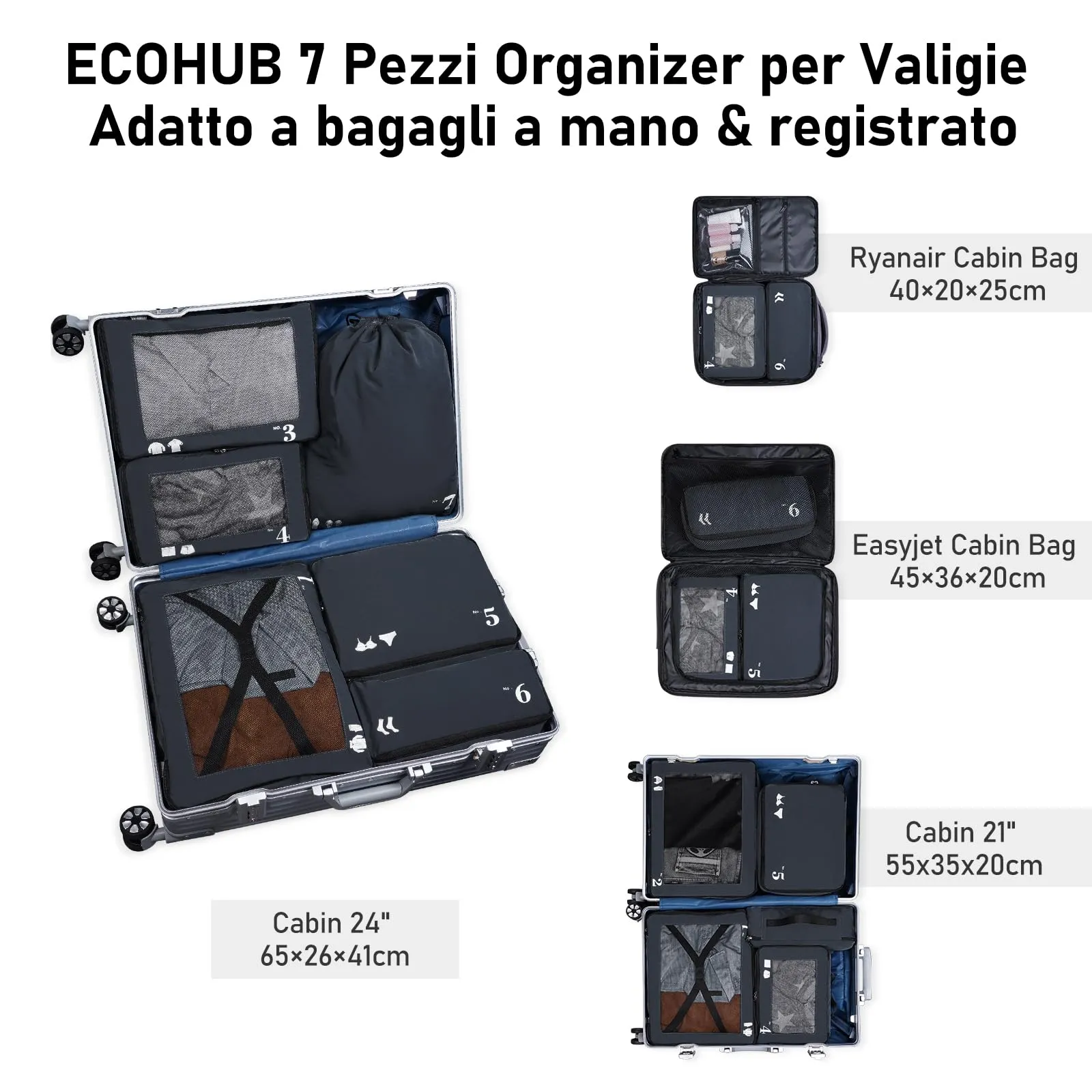 ECOHUB Set Packing Cubes Organizer Valigie 7 Pezzi in PET Ecologico (Blu scuro) - immagine 7