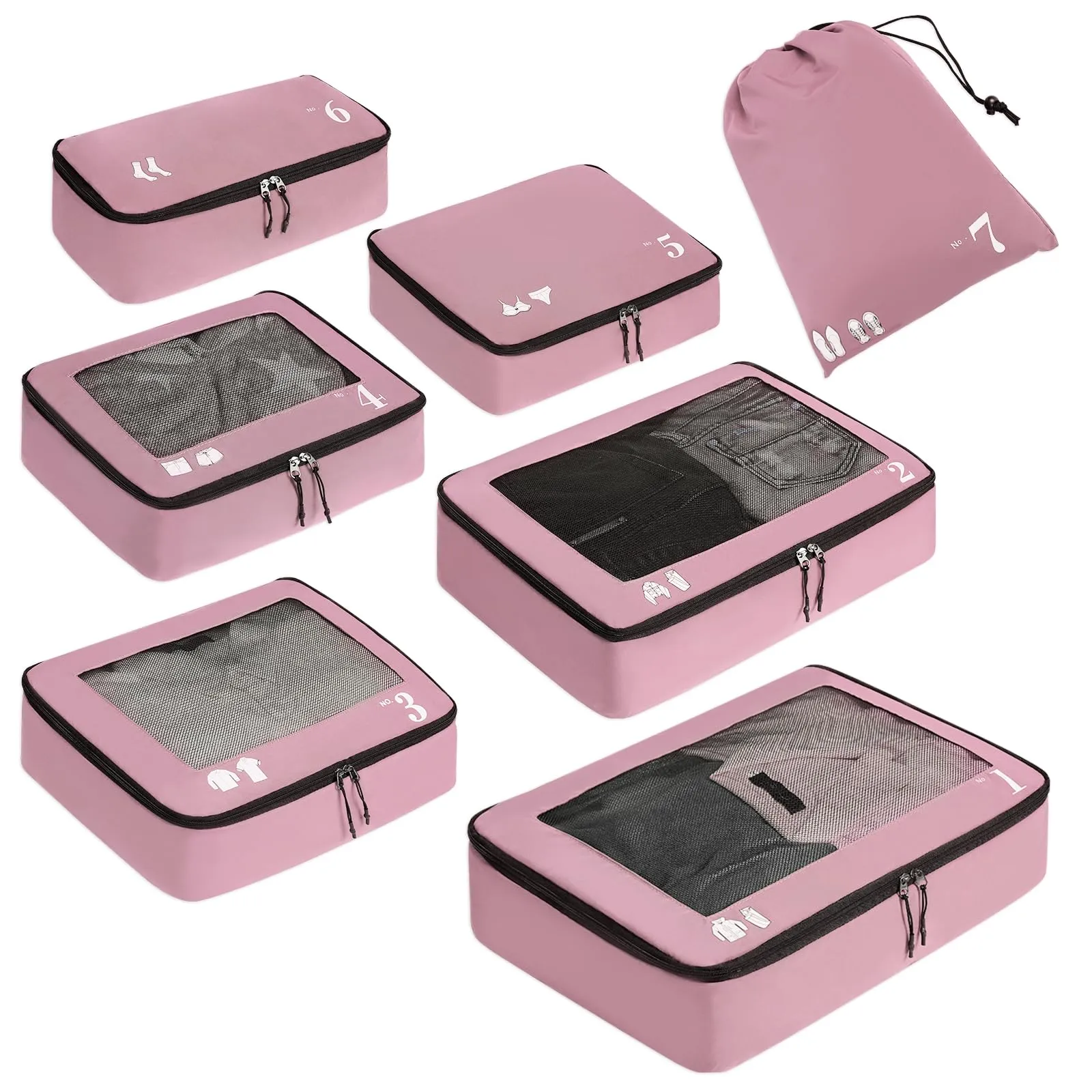 ECOHUB Set Organizer Valigie Packing Cubes 7 Pezzi in PET Ecologico (Rosa) - immagine 1