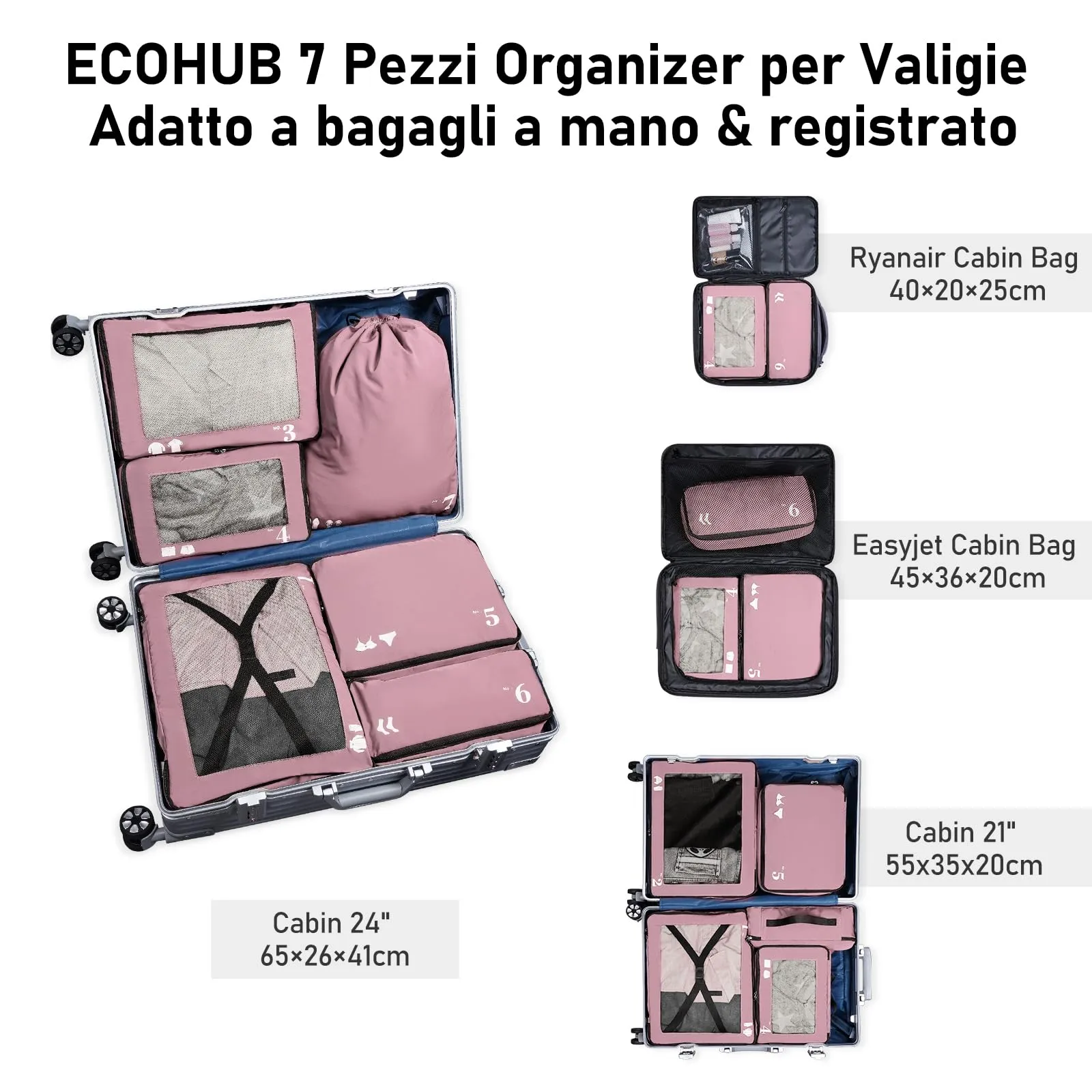 ECOHUB Set Organizer Valigie Packing Cubes 7 Pezzi in PET Ecologico (Rosa) - immagine 2
