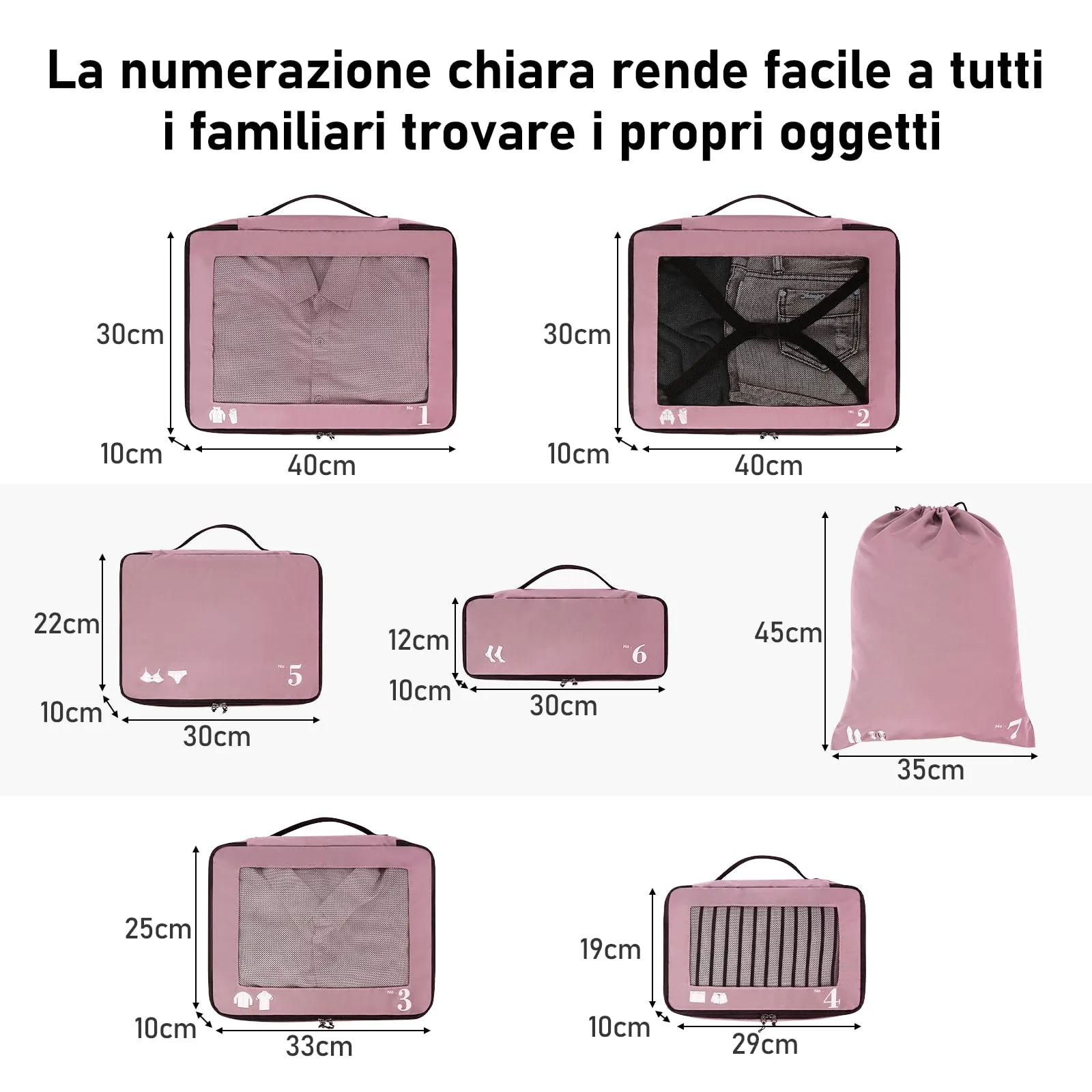 ECOHUB Set Organizer Valigie Packing Cubes 7 Pezzi in PET Ecologico (Rosa) - immagine 4