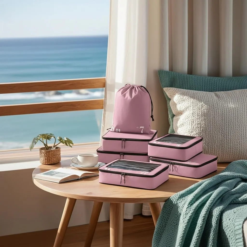 ECOHUB Set Organizer Valigie Packing Cubes 7 Pezzi in PET Ecologico (Rosa) - immagine 8
