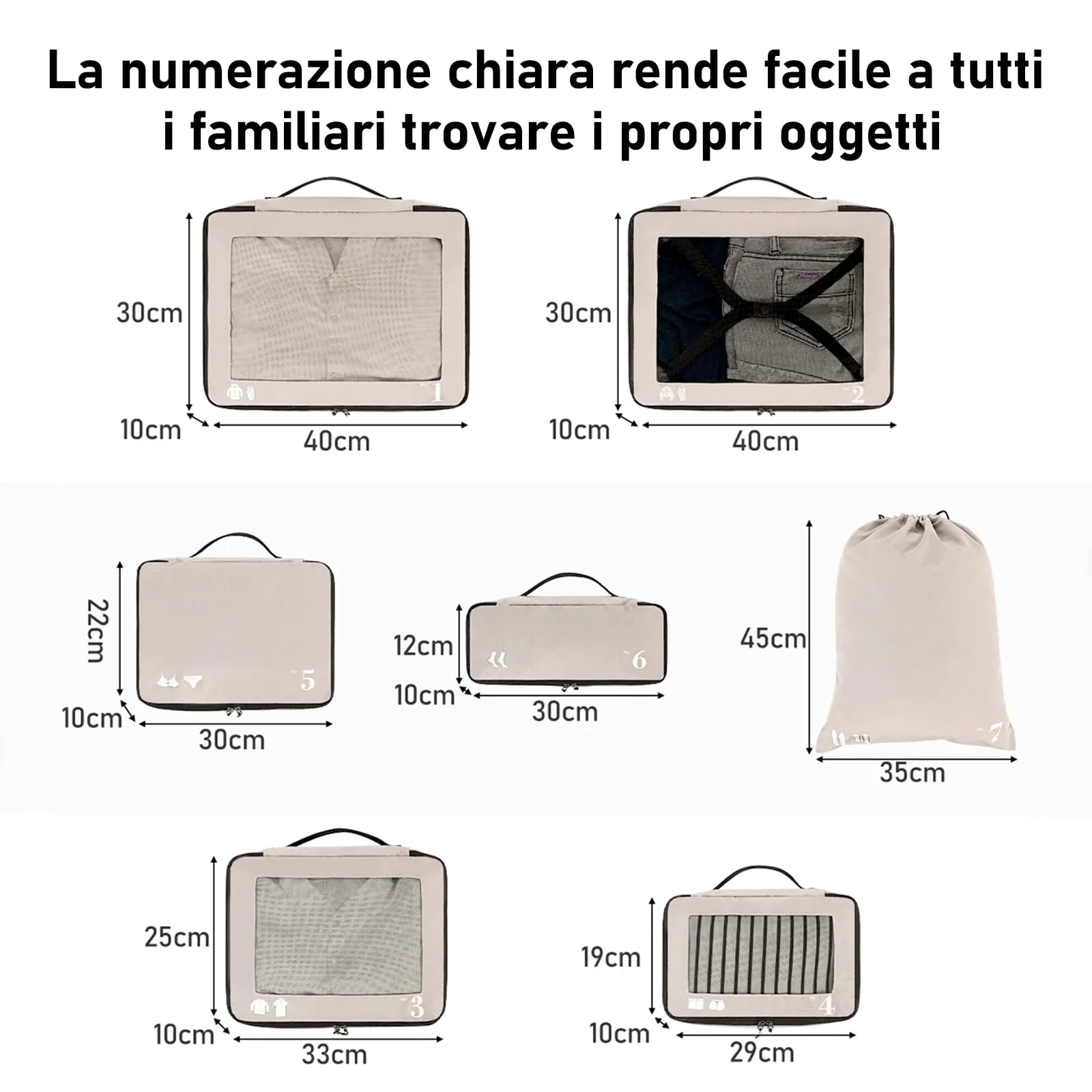 ECOHUB Set Packing Cubes Organizer Valigie 7 Pezzi in PET Ecologico (Beige) - immagine 2