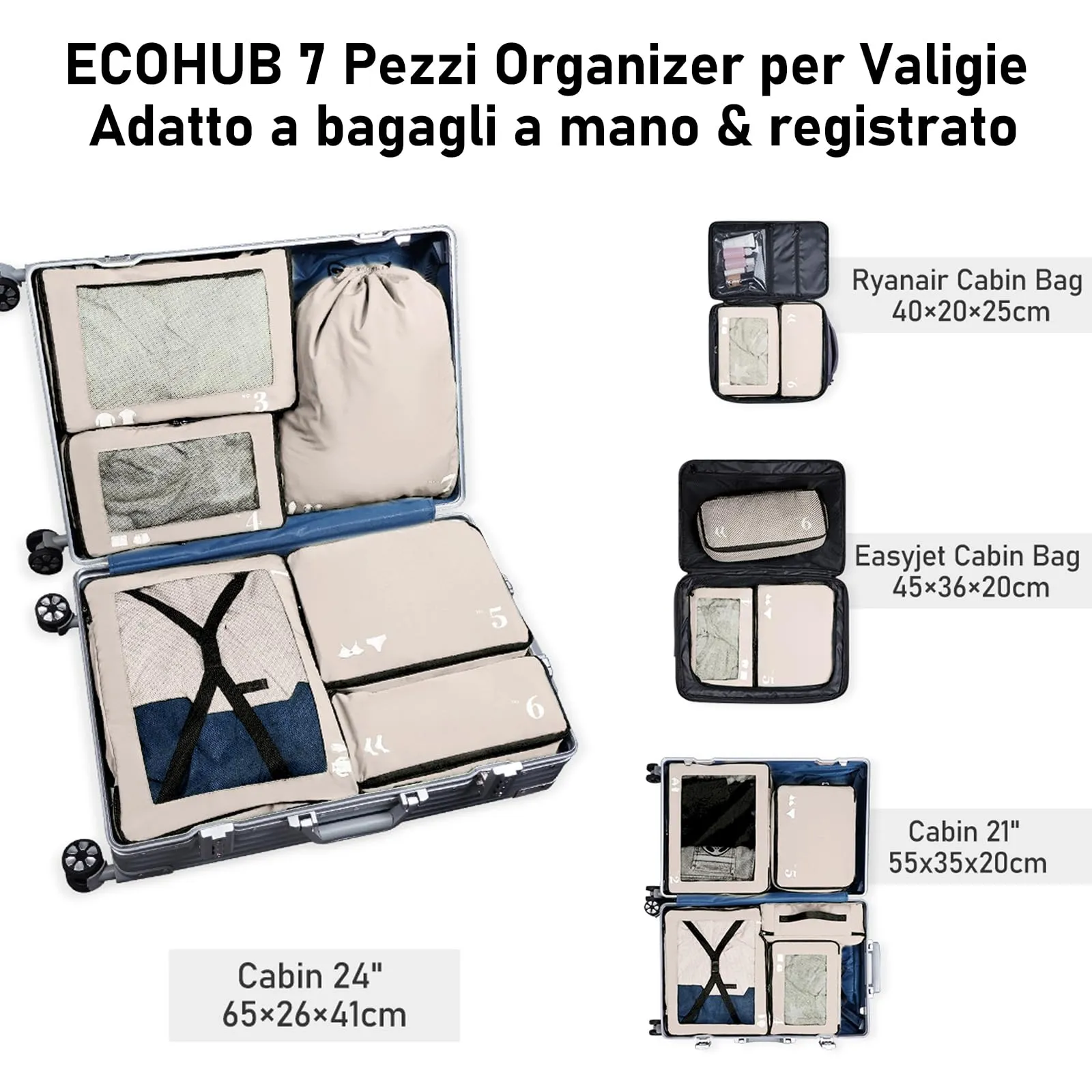 ECOHUB Set Packing Cubes Organizer Valigie 7 Pezzi in PET Ecologico (Beige) - immagine 6