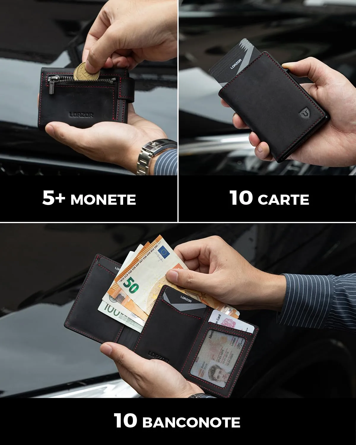 LORZOR Portafoglio Uomo Slim in Vera Pelle, Porta Carte di Credito Pop-up con Protezione RFID e Portamonete, Chiusura Magnetica - immagine 5