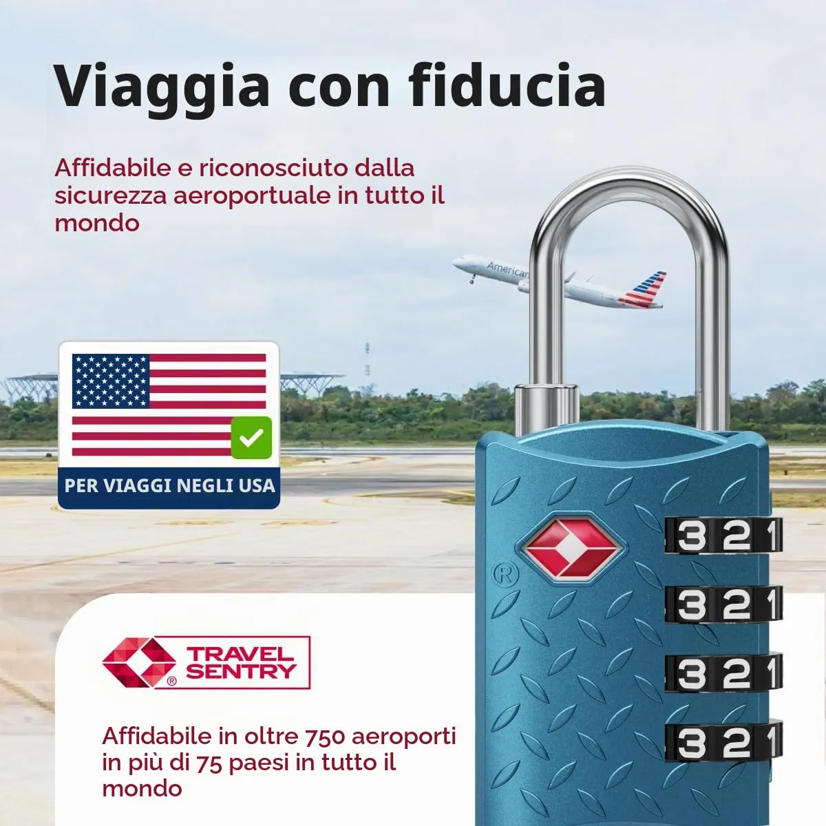 NovLock Lucchetto TSA a combinazione da viaggio a 4 cifre, blu - immagine 3