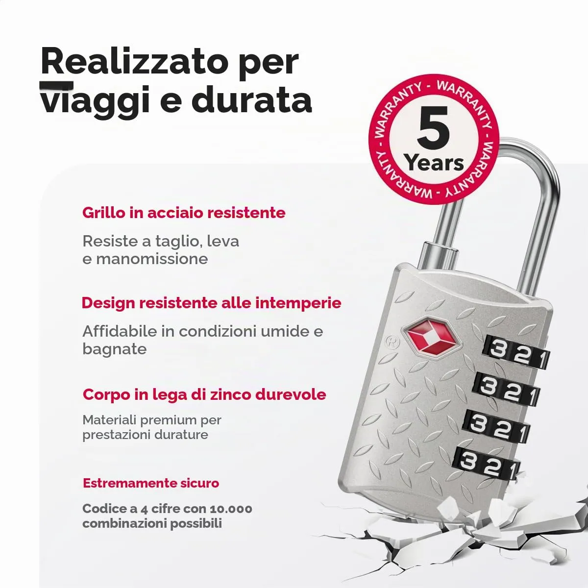 NovLock Lucchetto TSA a combinazione da viaggio a 4 cifre, Argento - immagine 6