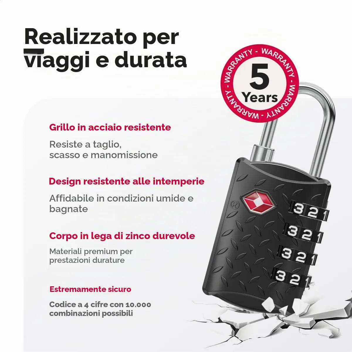 NovLock Lucchetti TSA a combinazione da viaggio a 4 cifre, 2 pezzi, Nero/Argento - immagine 6