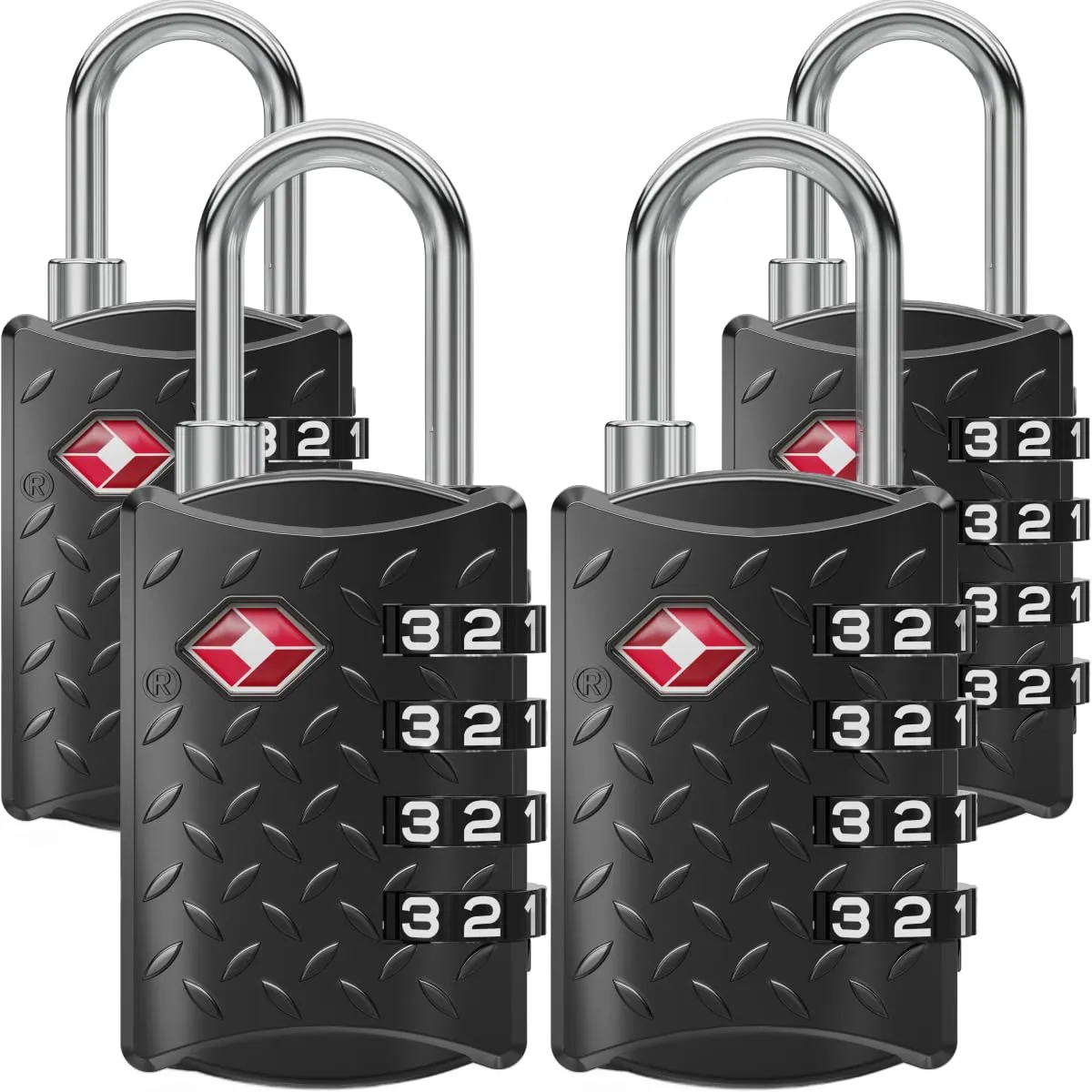 NovLock Lucchetti TSA a combinazione da viaggio a 4 cifre, nero, 4 pezzi - immagine 1