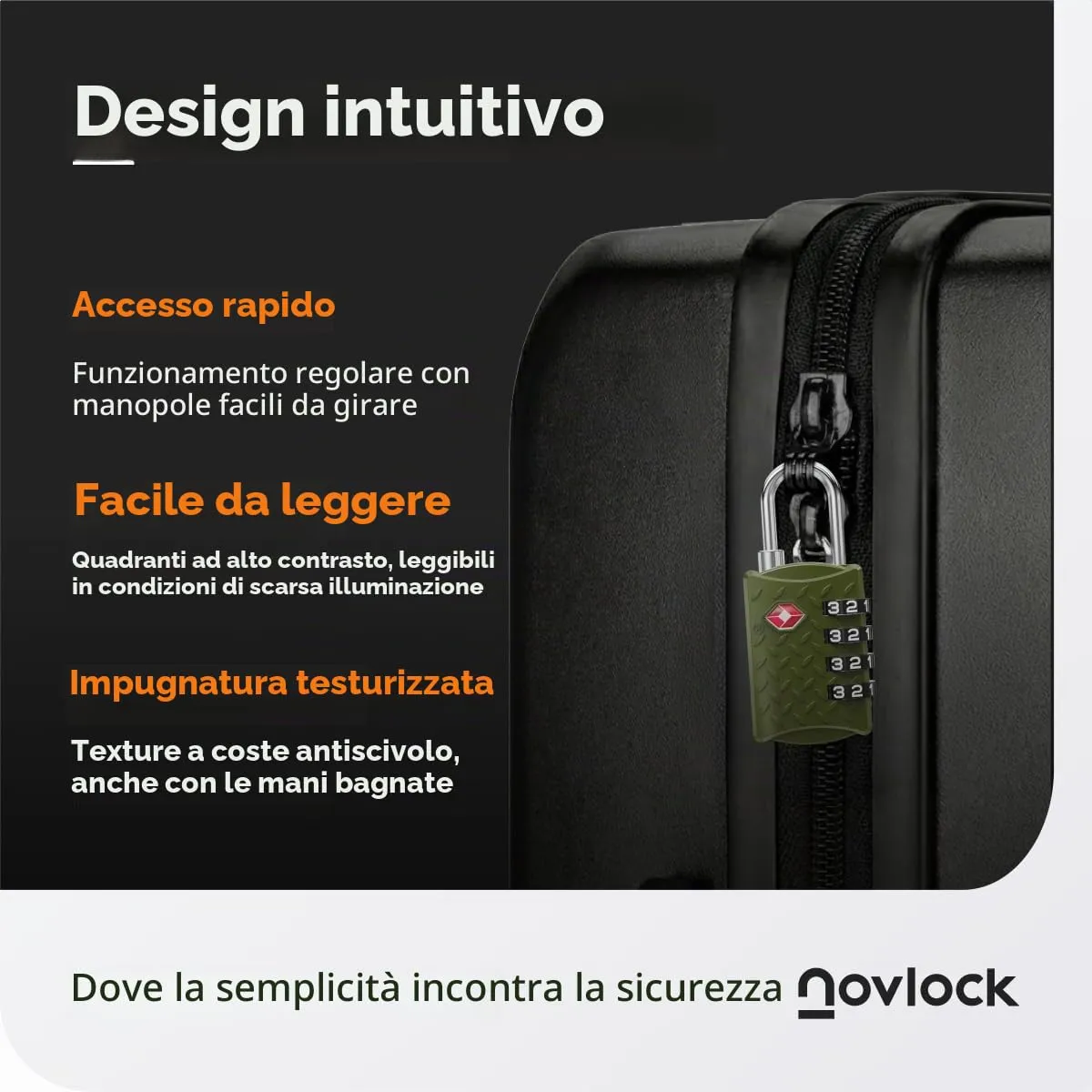 NovLock Lucchetto TSA a combinazione da viaggio a 4 cifre, superficie zigrinata antiscivolo, verde - immagine 7