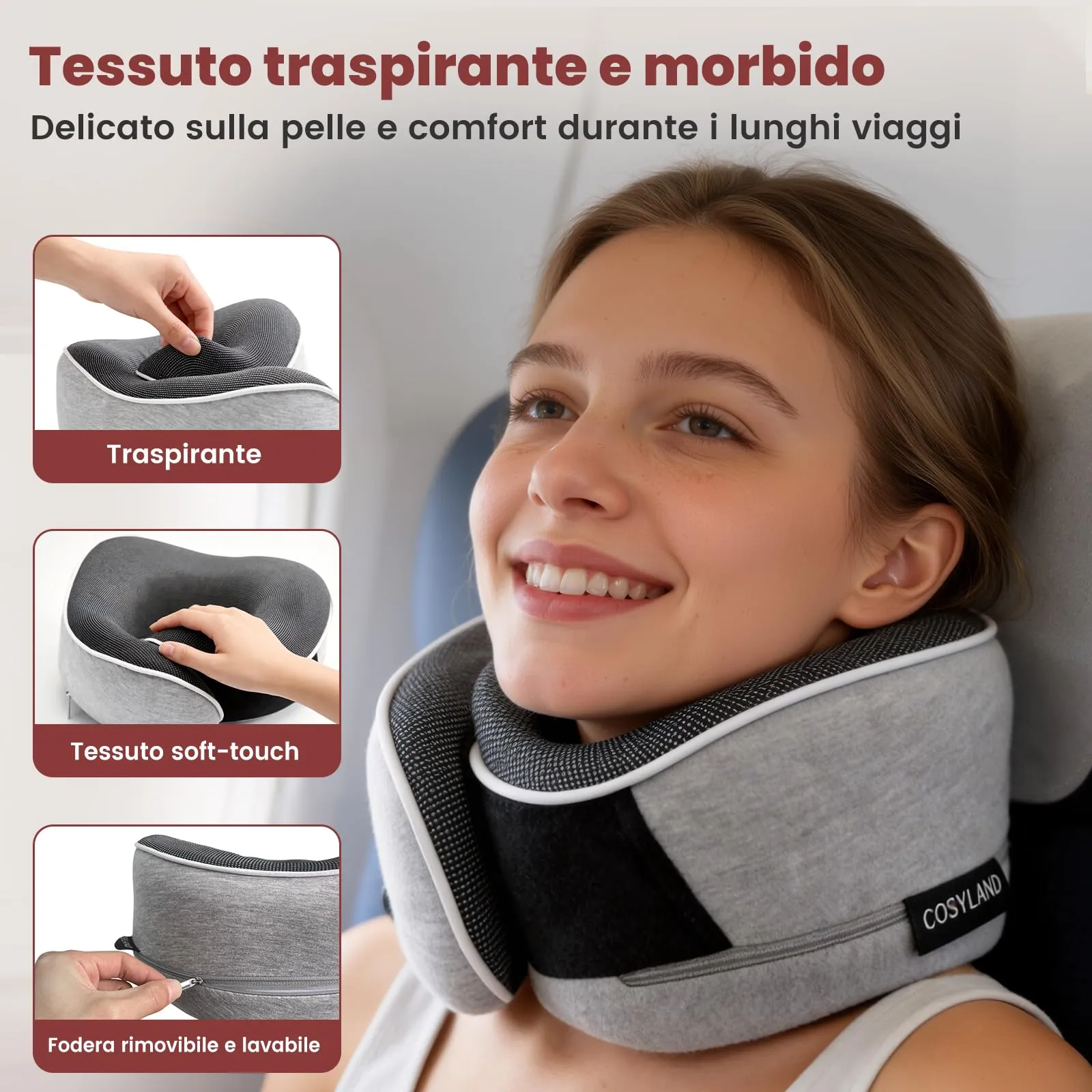 COSYLAND Cuscino da Viaggio Cervicale in Memory Foam, Grigio - immagine 5