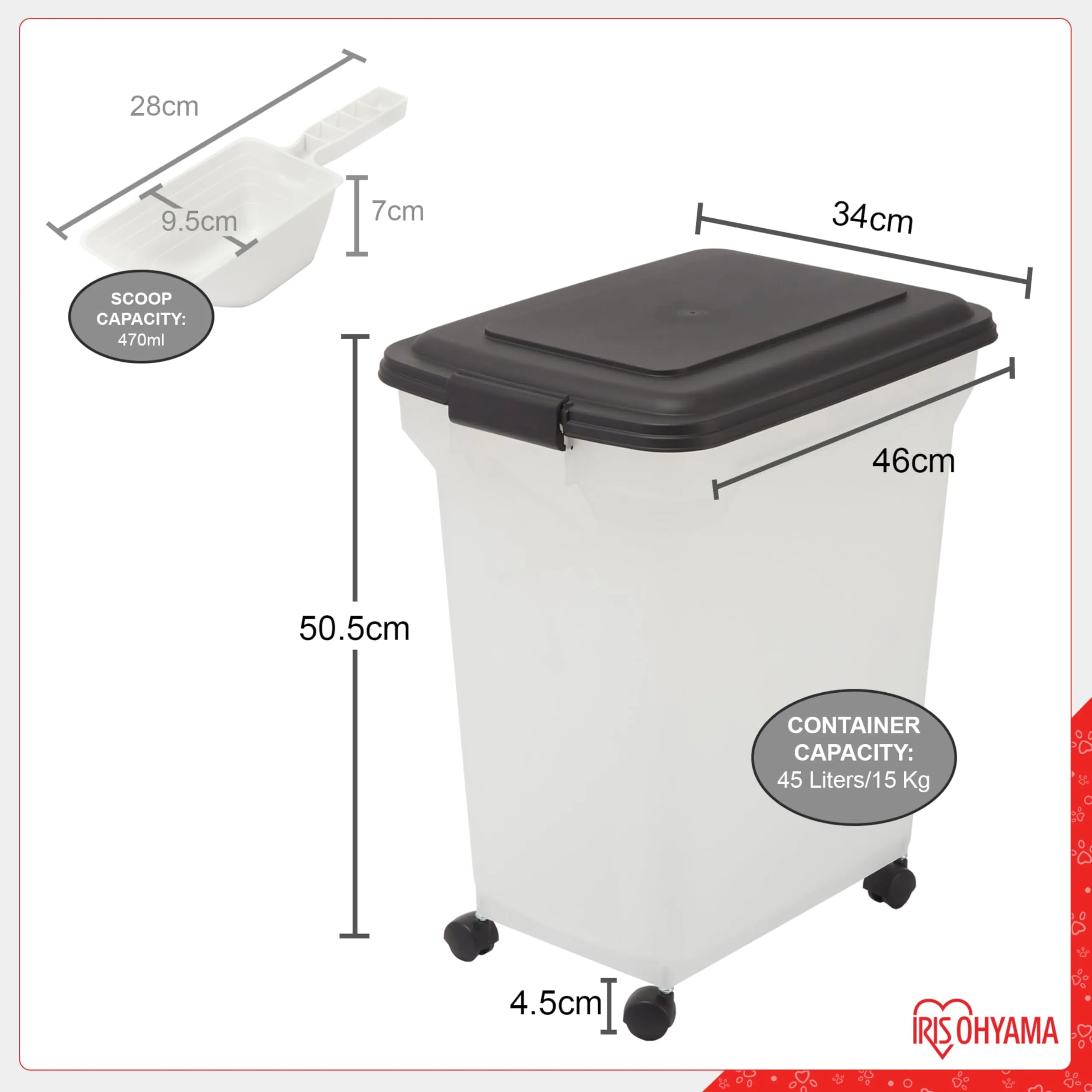 Iris Ohyama Contenitore per Crocchette Ermetico 45L/15kg con Ruote e Paletta, Nero, ATS-L - immagine 3