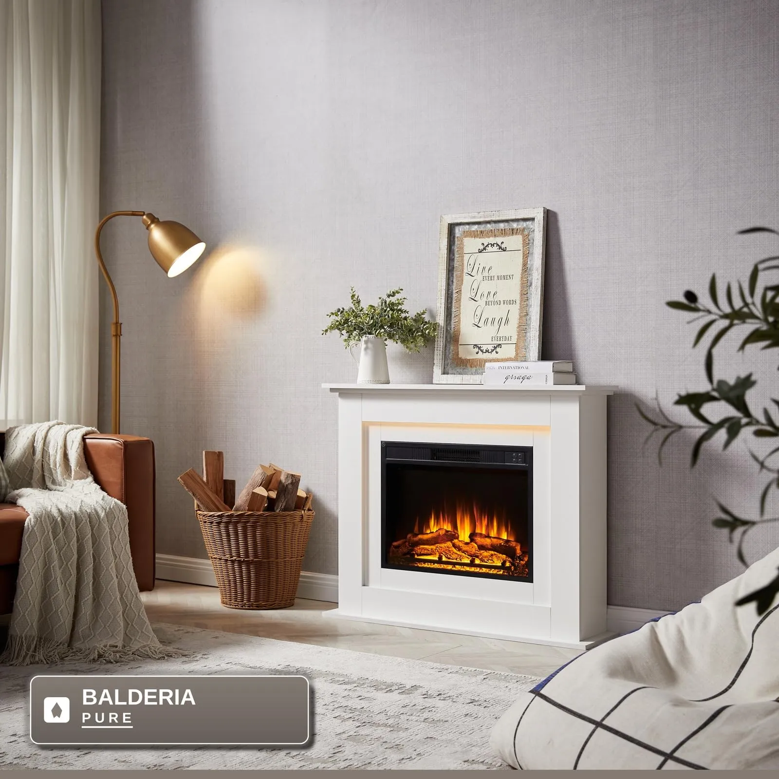 BALDERIA Finn Camino Elettrico da Pavimento con Effetto Fiamma 3D e Riscaldamento, Bianco - immagine 3