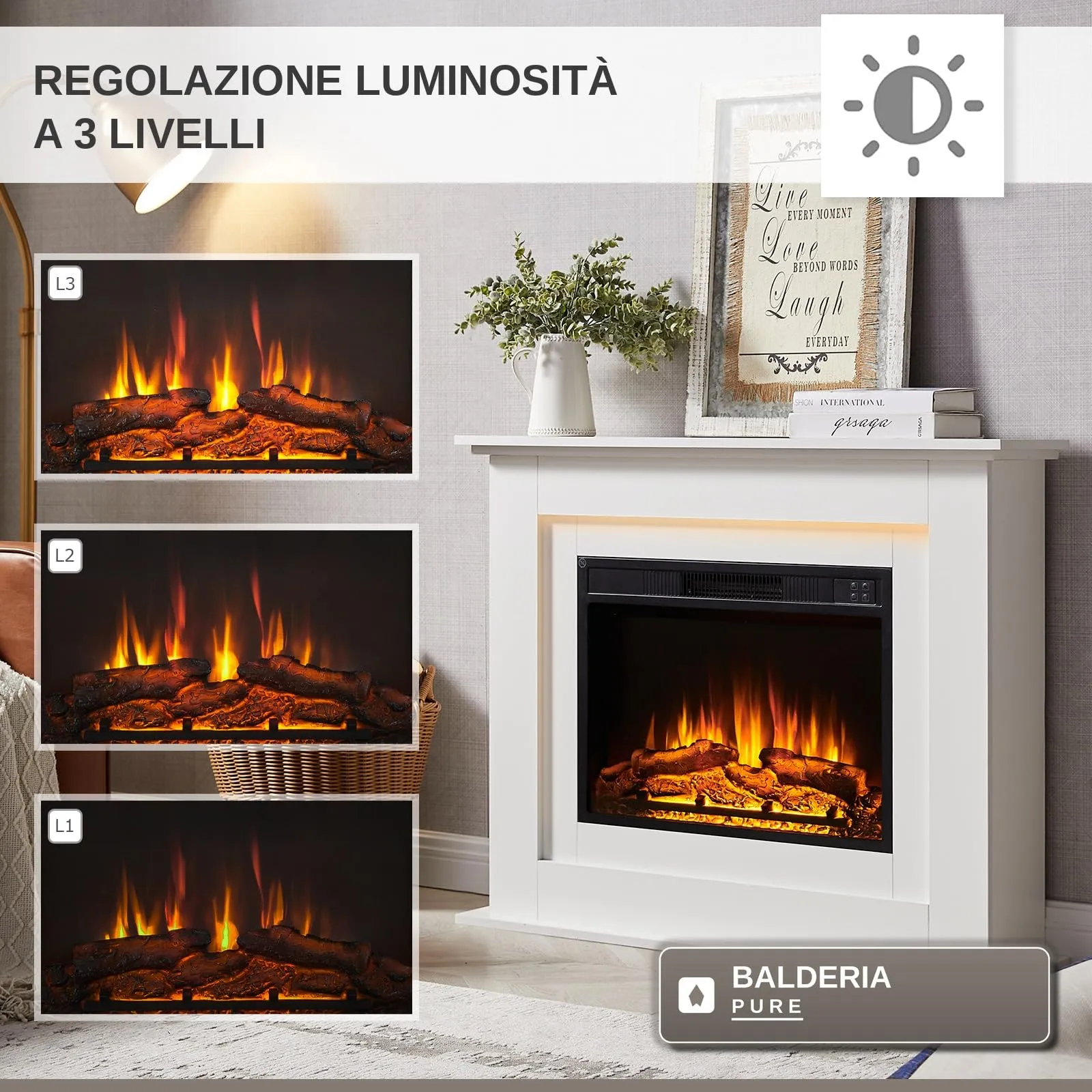 BALDERIA Finn Camino Elettrico da Pavimento con Effetto Fiamma 3D e Riscaldamento, Bianco - immagine 4