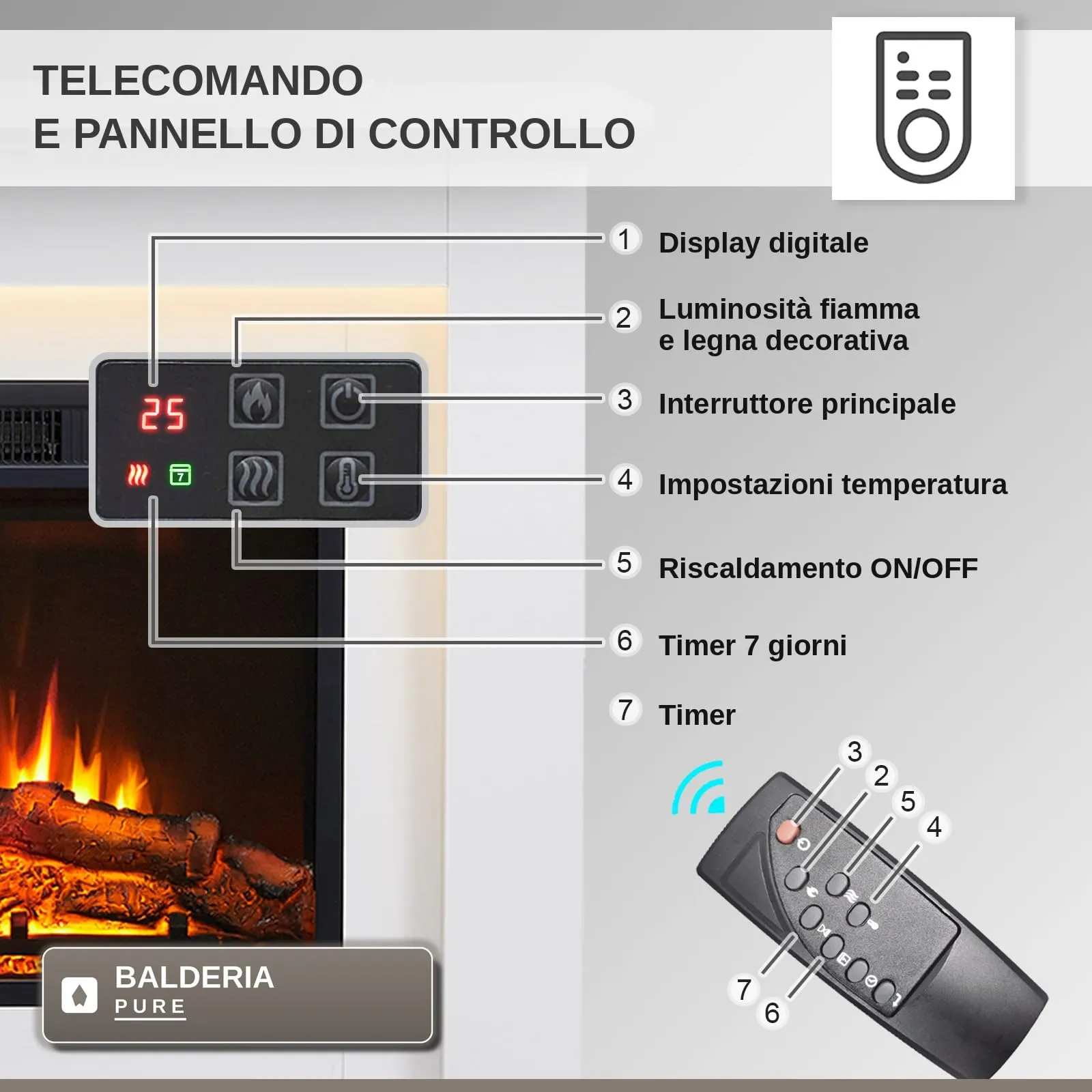 BALDERIA Finn Camino Elettrico da Pavimento con Effetto Fiamma 3D e Riscaldamento, Bianco - immagine 5