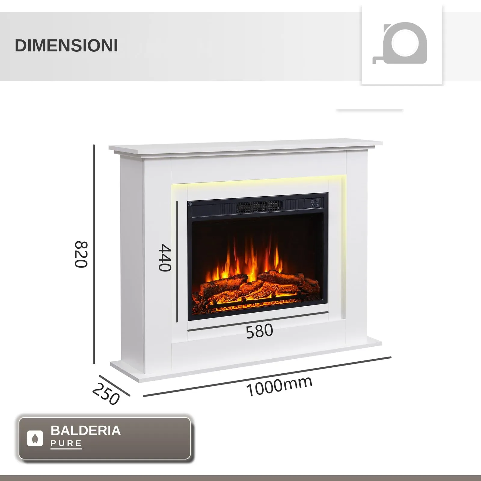 BALDERIA Finn Camino Elettrico da Pavimento con Effetto Fiamma 3D e Riscaldamento, Bianco - immagine 6
